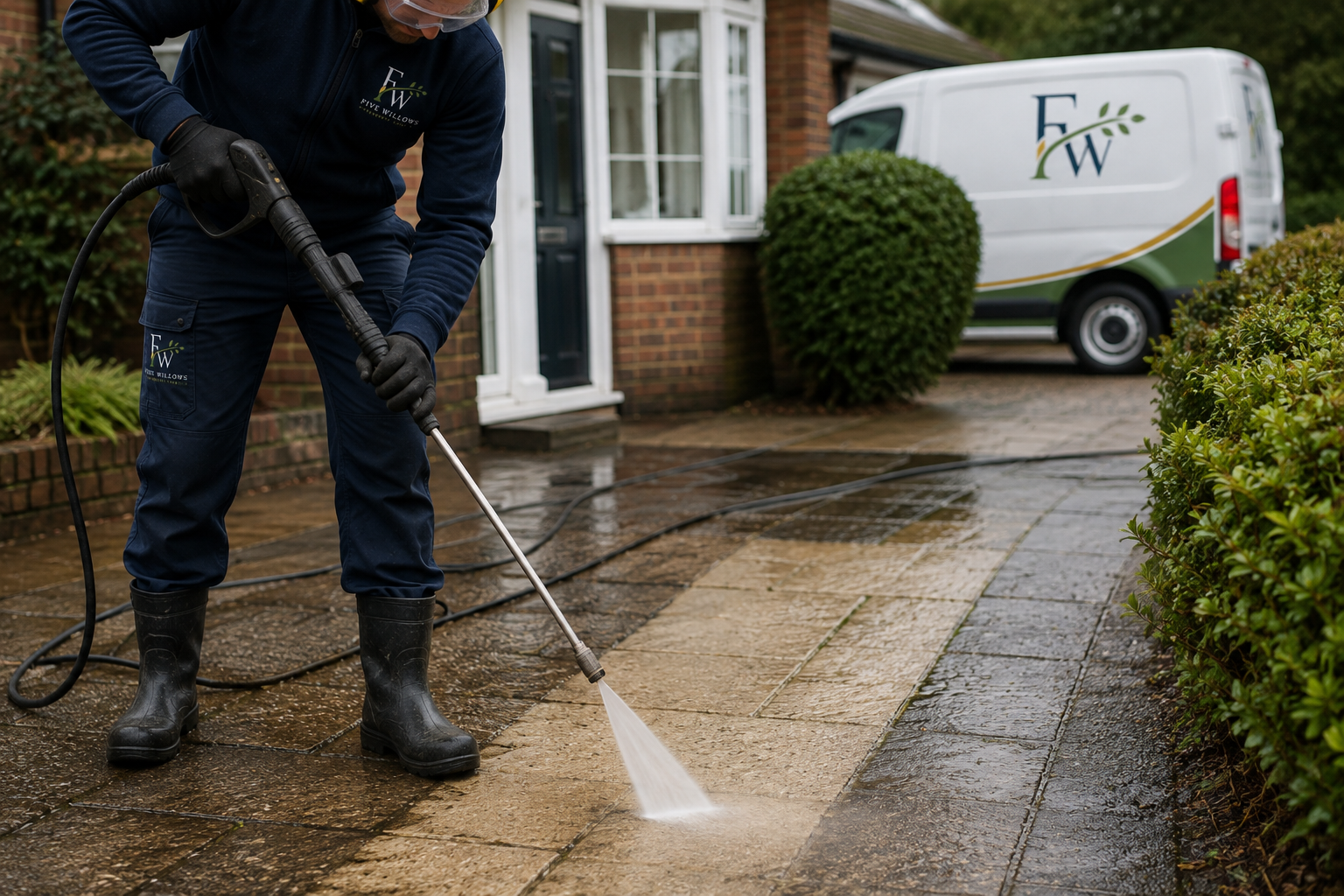A worker wearing waterproof boots, gloves, and a navy blue uniform with a company logo pressure washing a stone-paved driveway outside a brick house. A white van with the company's logo is parked nearby.