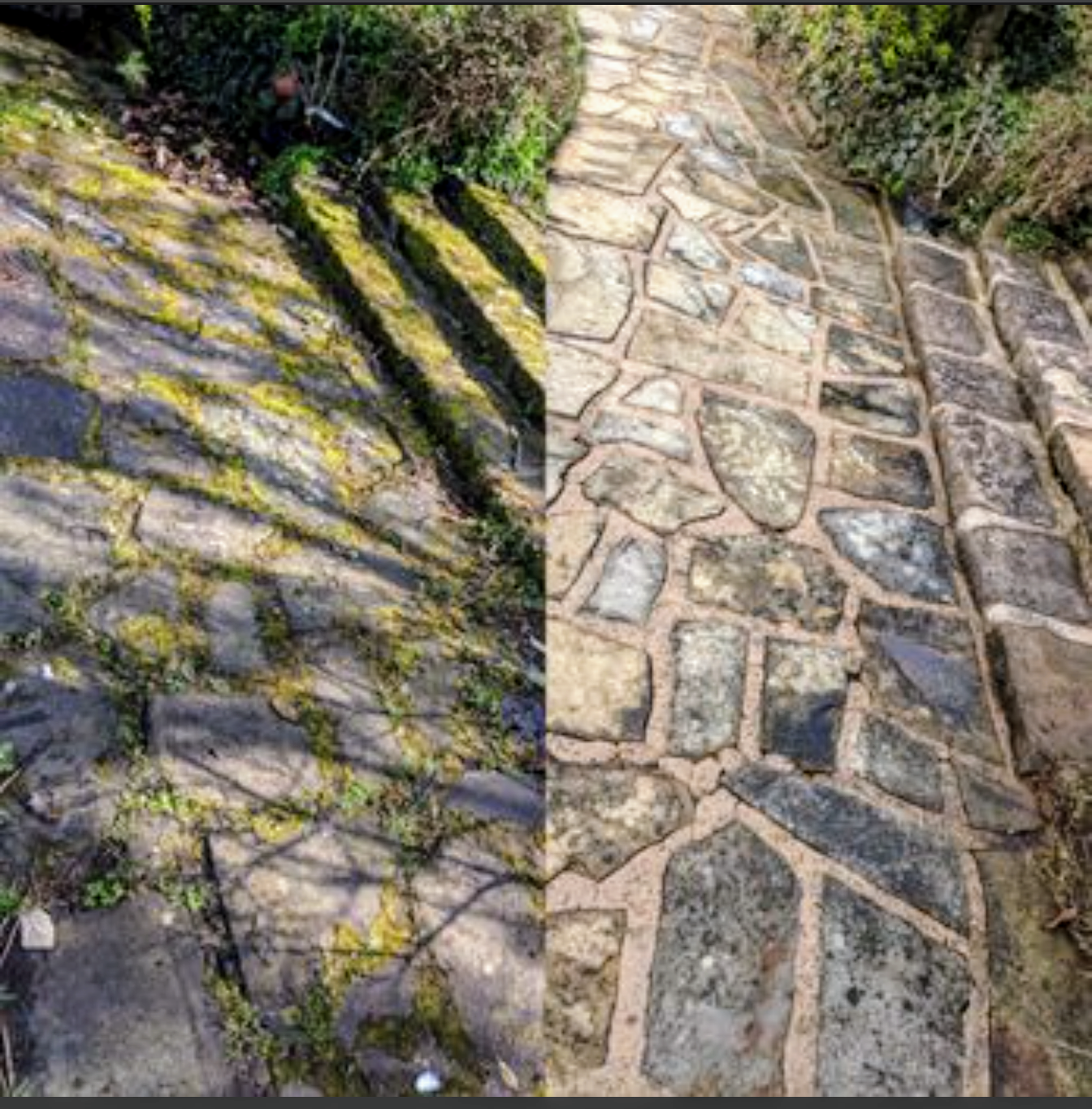 Comparison of a moss-covered stone pathway on the left and a clean, neatly arranged stone pathway on the right.