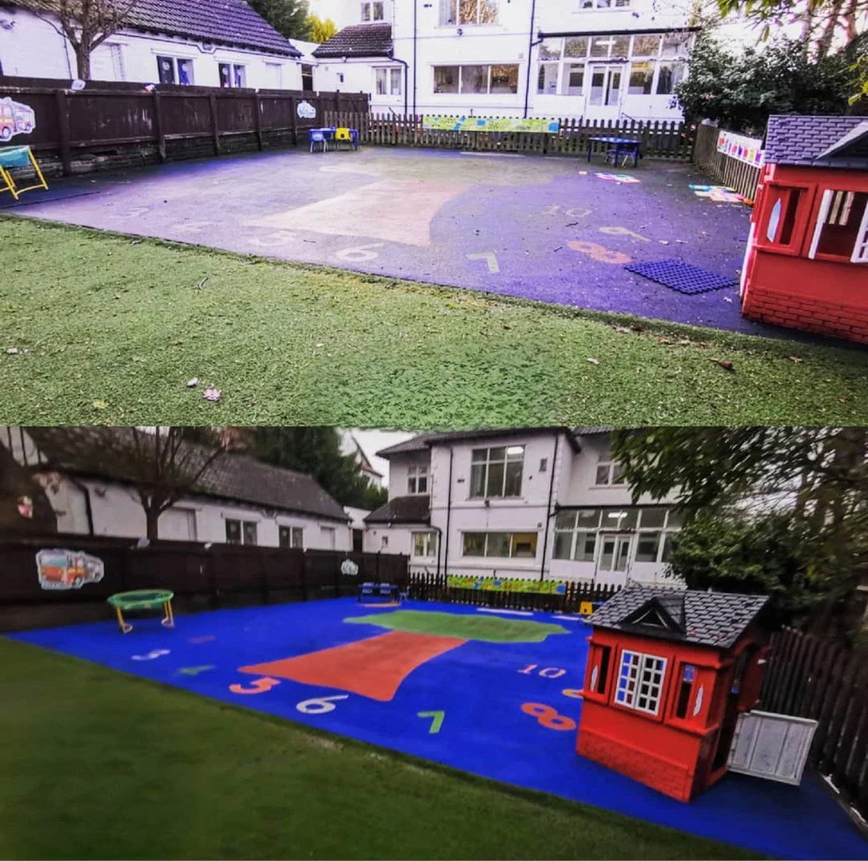 Comparison of a playground before and after repainting, showing a tarp with numbered sections.