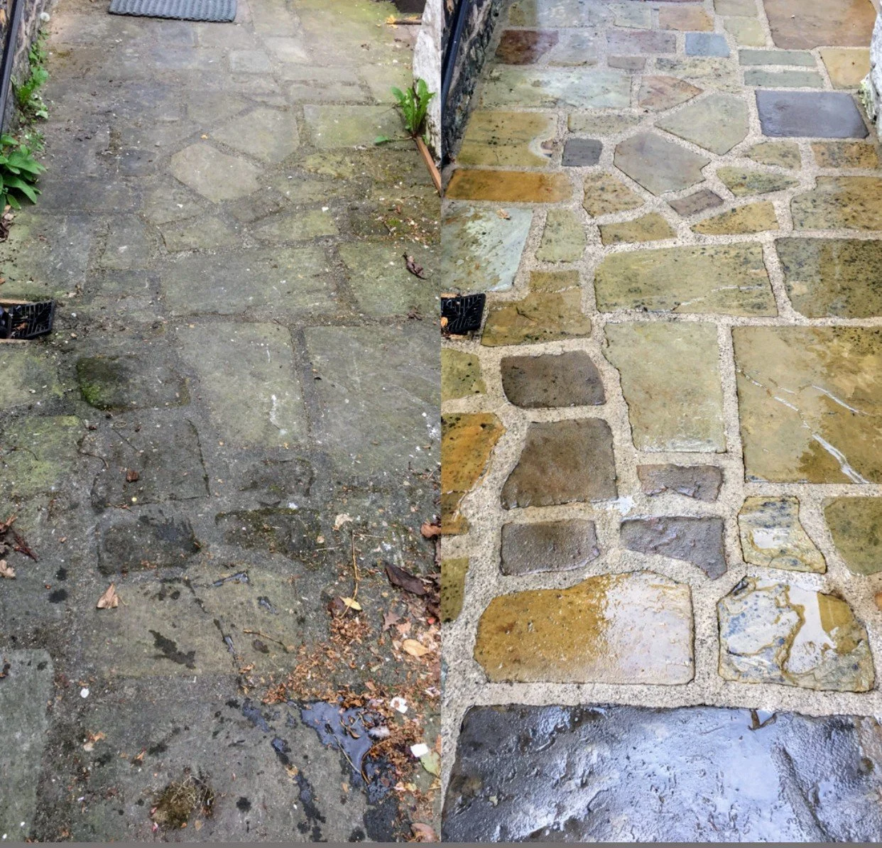 Comparison of two stone walkways, one weathered and dirty on the left, and newly cleaned and restored on the right.