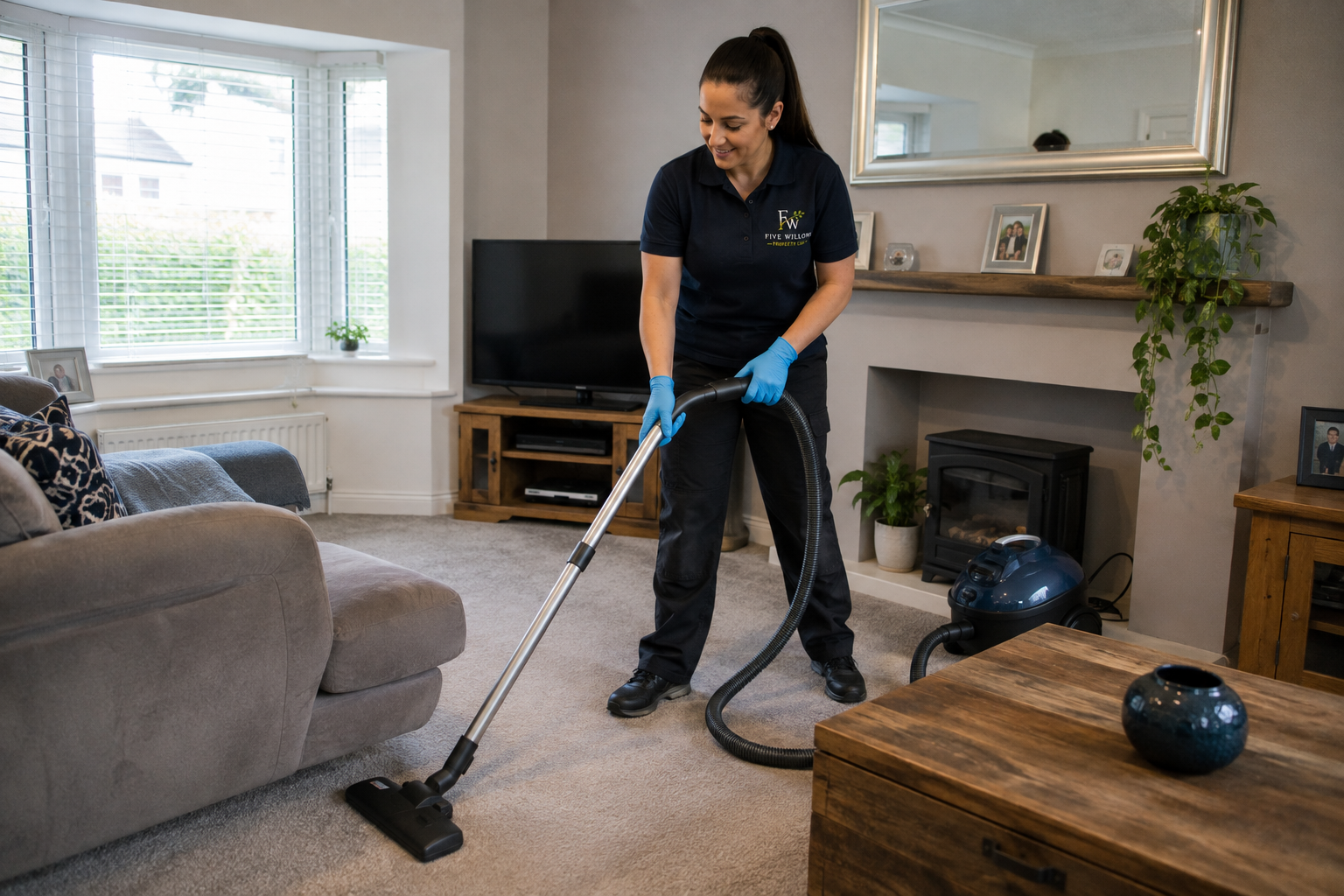 A woman vacuuming a living room with a grey sofa, wooden TV stand, and fireplace, wearing a navy blue uniform with blue gloves.