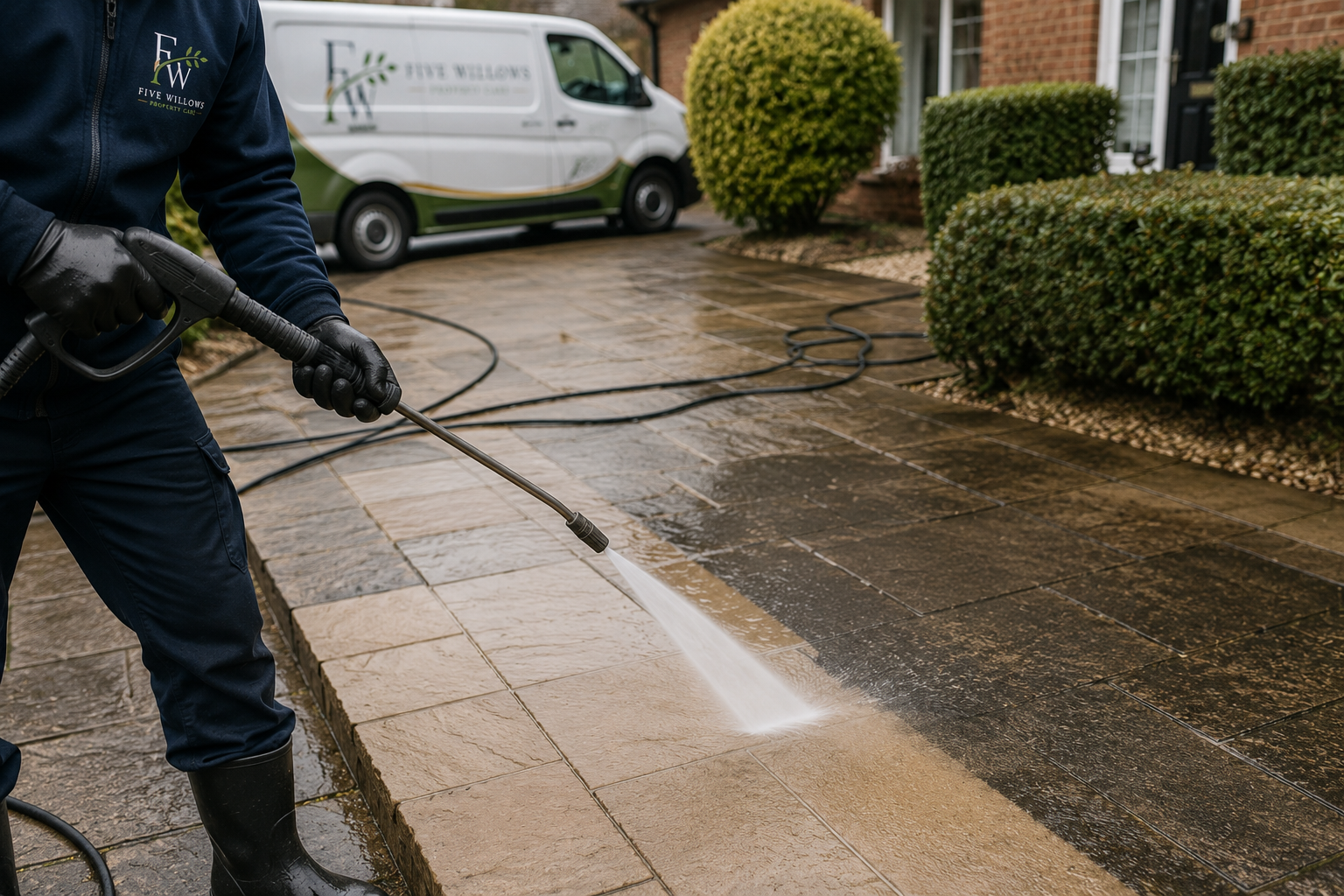 Person pressure washing a stone driveway outside a house with bushes and a white van in the background.