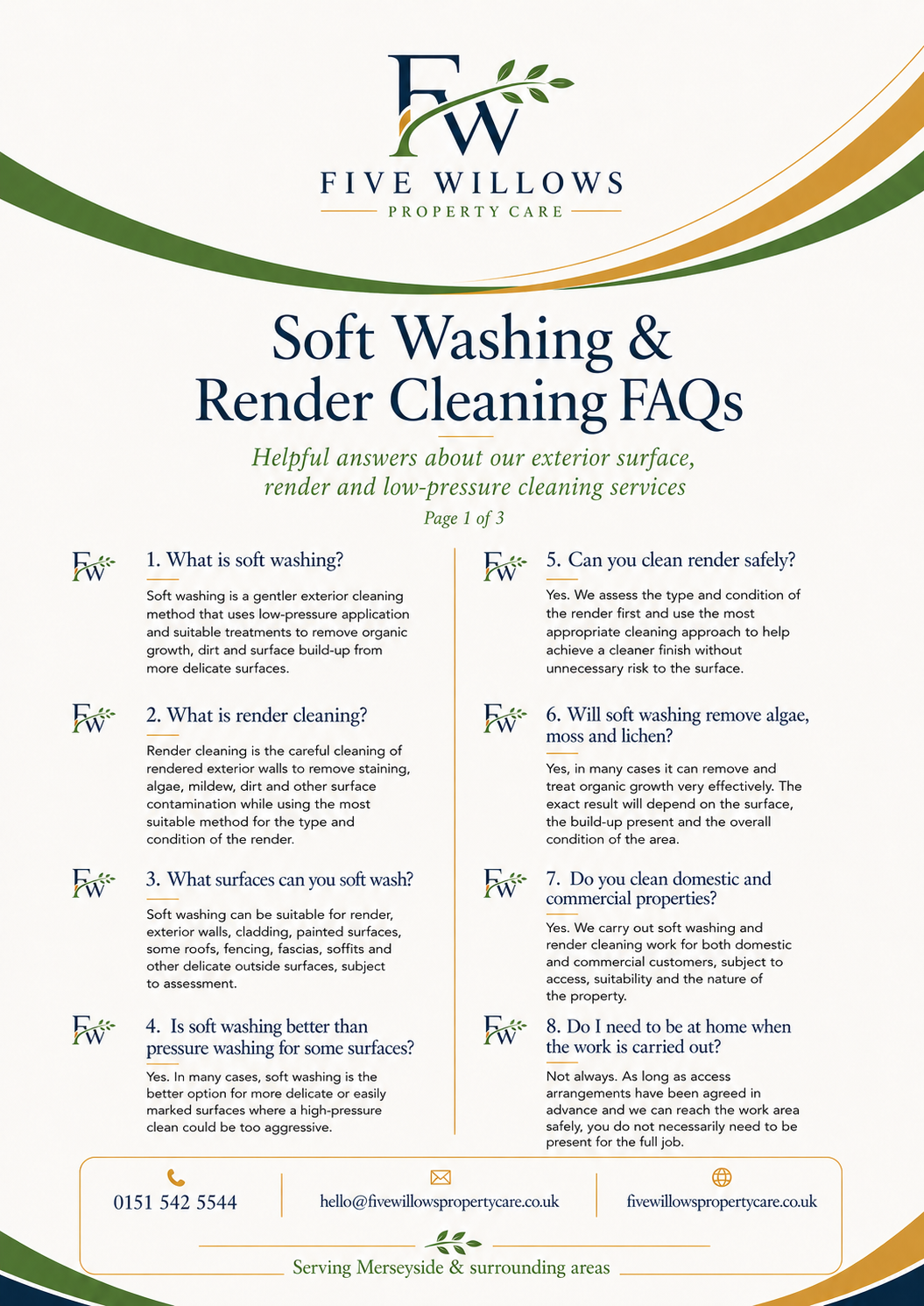 Flyer for Five Willows Property Care providing FAQs about soft washing and render cleaning, including questions on what soft washing and render cleaning are, safety, effectiveness against algae and lichen, and services for domestic and commercial properties, with contact information and coverage area.