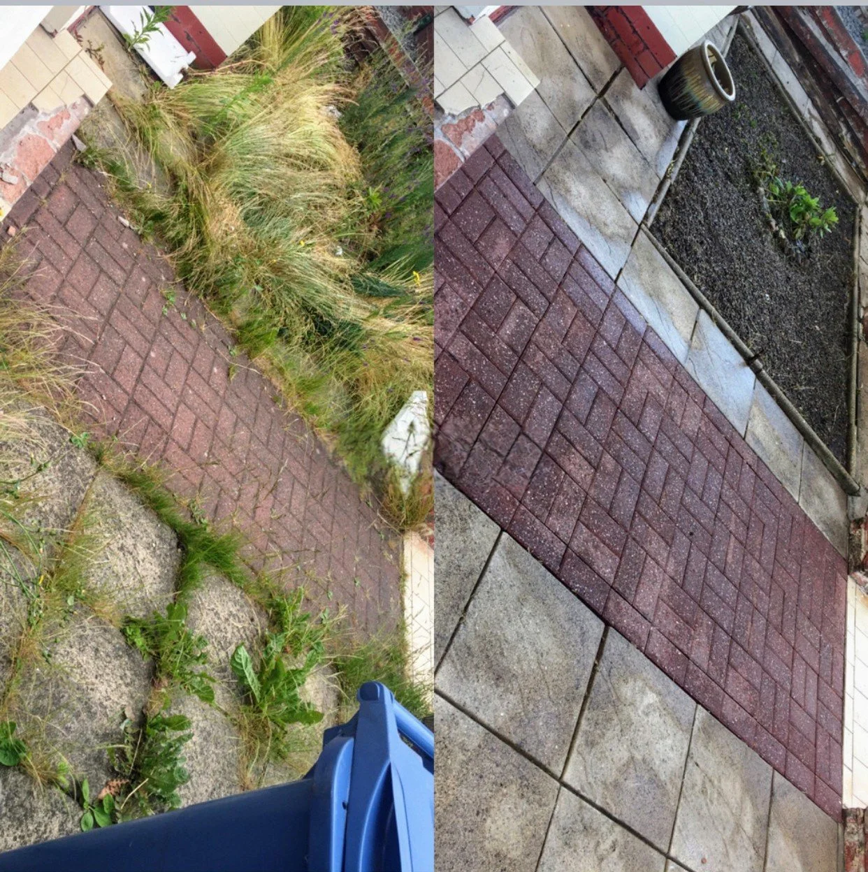 Comparison of a poorly maintained and overgrown brick walkway with weeds and grasses on the left, and a cleaned, well-maintained brick walkway with neatly arranged paving stones on the right.
