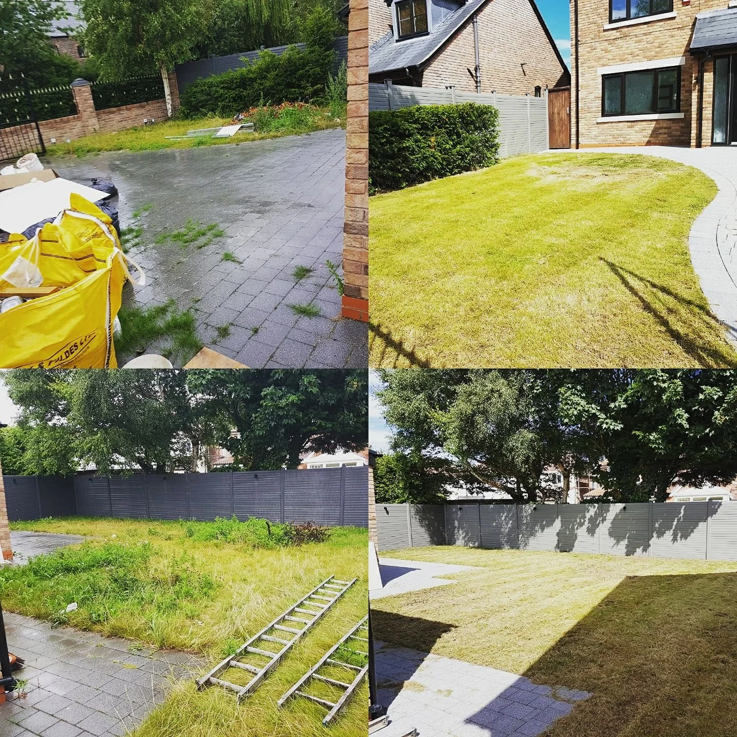 A collage showing the transformation of a backyard garden: top left shows a cluttered, partially paved outdoor area with construction materials and weeds; top right shows a neatly landscaped lawn with a brick house, bushes, and a curved paving path; bottom left shows overgrown grass with a closed metal gate and a ladder on the ground; bottom right depicts a clean, mowed lawn with a fence, trees, and shaded patio area.