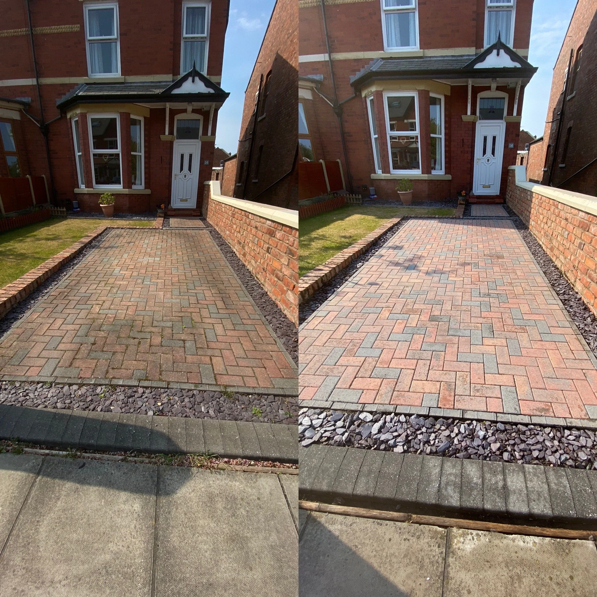 Side-by-side comparison of two images of a house front with brick pathway and garden, showing different weather and sunlight conditions.