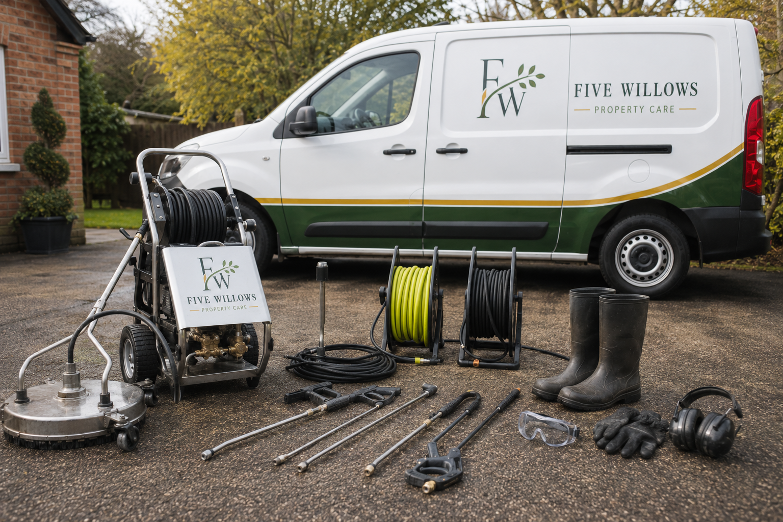 Equipment for property care, including a pressure washer, hoses, boots, gloves, goggles, and headphones, lined up outside a van with Five Willows Property Care branding.