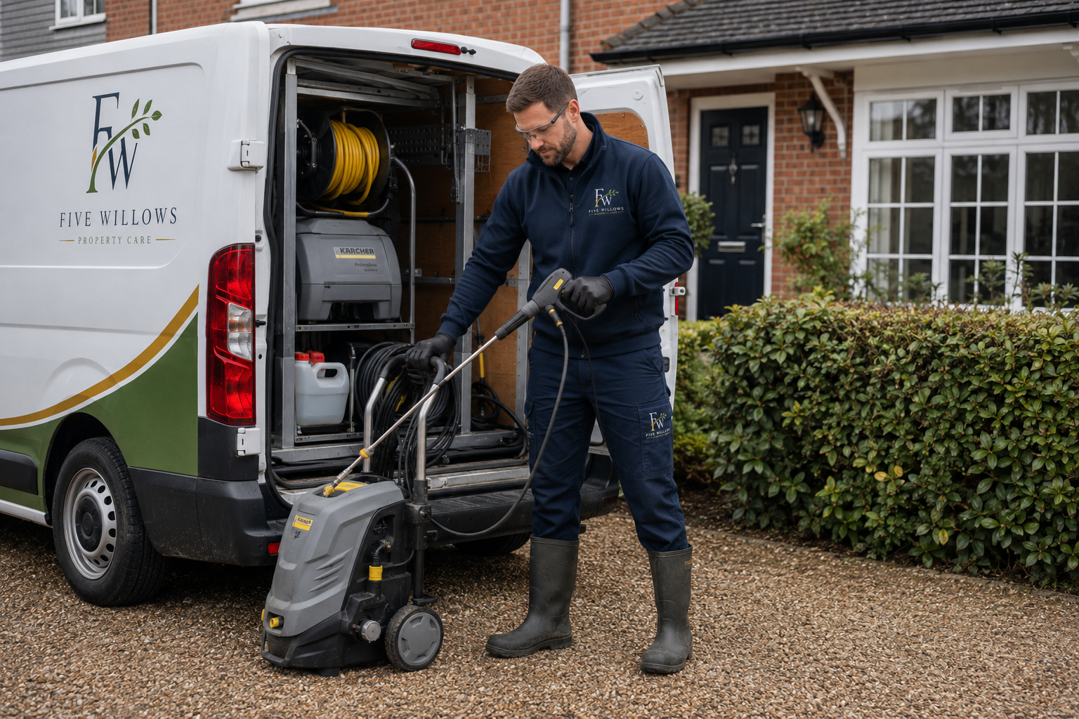A man wearing safety glasses, black gloves, and rubber boots is pressure washing a driveway outside a brick house. He is standing next to an open service van with cleaning equipment and hoses.