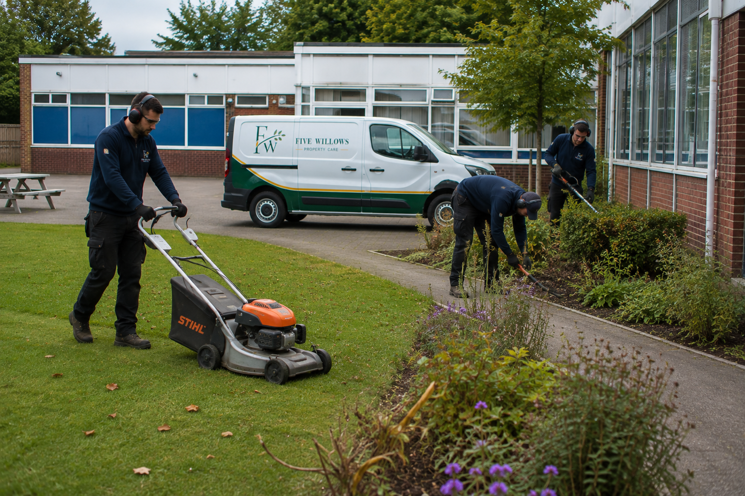 Three workers landscaping outside a building, with one using a lawnmower, and two trimming bushes, while a company van labeled Five Willows Property Care is parked nearby.