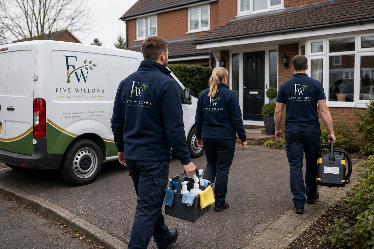 Three professional cleaners from Five Willows Property Care walking towards a house carrying cleaning supplies and equipment in their hands or bags.