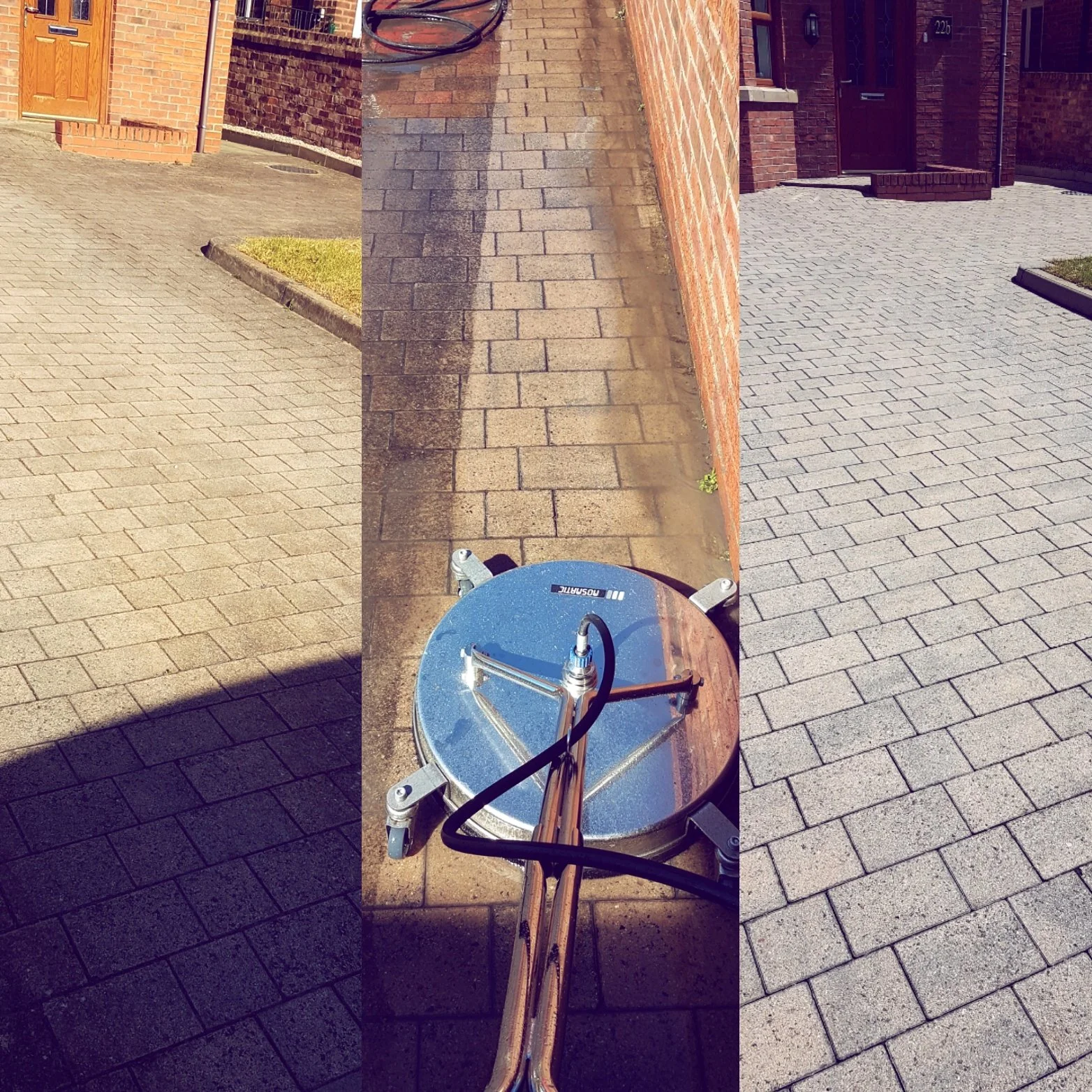 Side-by-side photos of paved outdoor areas with brick walls and doorways. The middle photo features a metal dust suppression/mist cannon in the foreground, used for cleaning or sanitation. The left and right photos show brick-paved walkways or driveways, with the middle shot showing a brick wall with some green plants at the base.