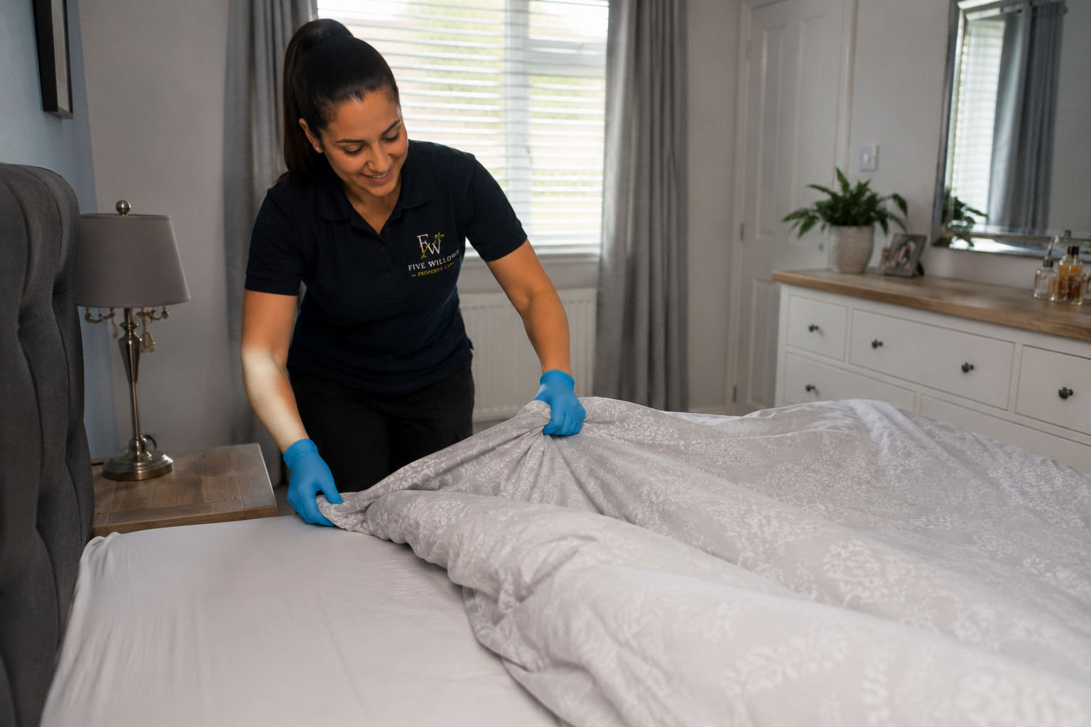 A woman in a dark polo shirt and blue gloves making a bed and straightening the bedspread in a bedroom.
