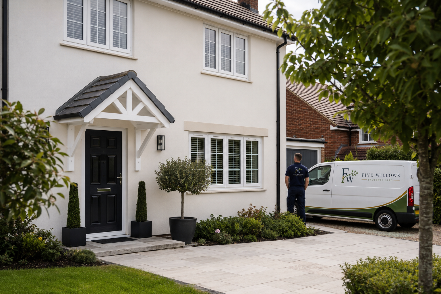 A white house with black front door and porch roof, flanked by potted bushes, with a man in blue uniform standing near a white van labeled 'Five Willows Property Care' parked in the driveway, some greenery and trees in front.