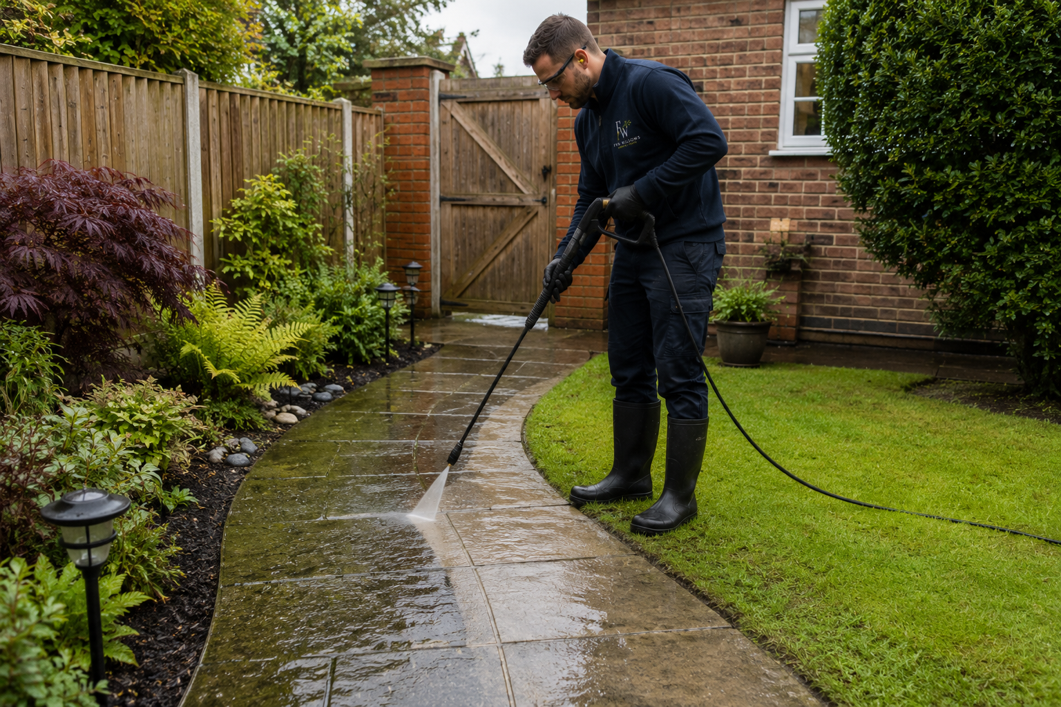 Man wearing safety glasses, black gloves, and black boots cleaning a wet stone pathway with a pressure washer in a backyard garden.