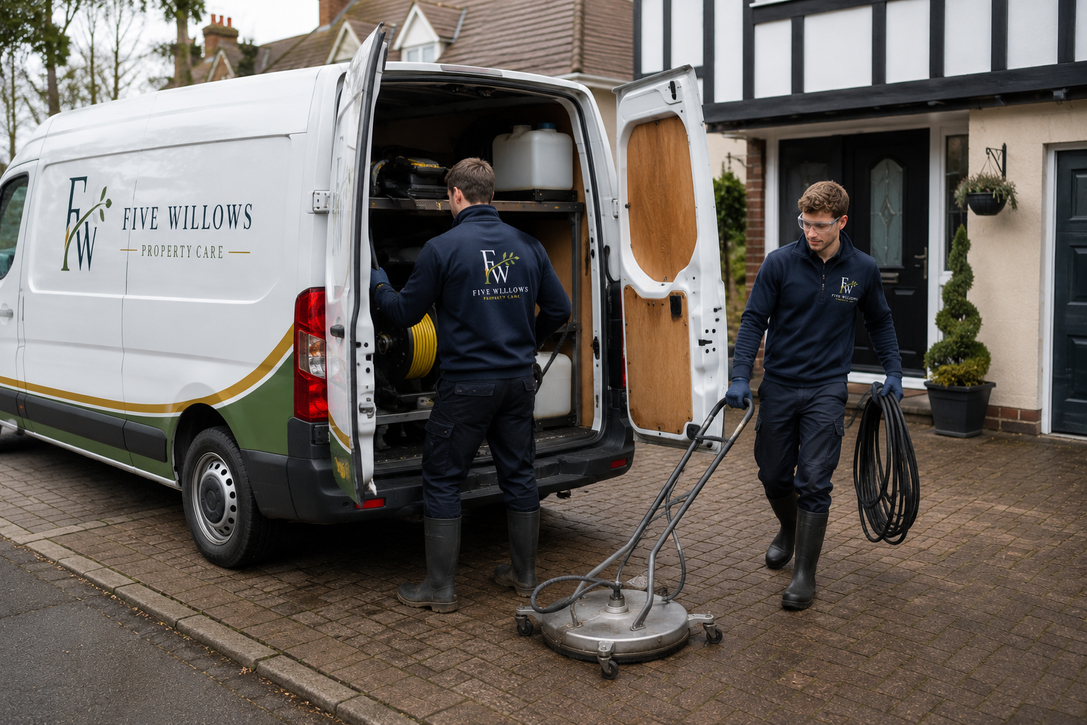 Two workers wearing navy blue uniforms with 'Five Willows Property Care' logo unload equipment from a white service van parked on a brick driveway in front of a house.