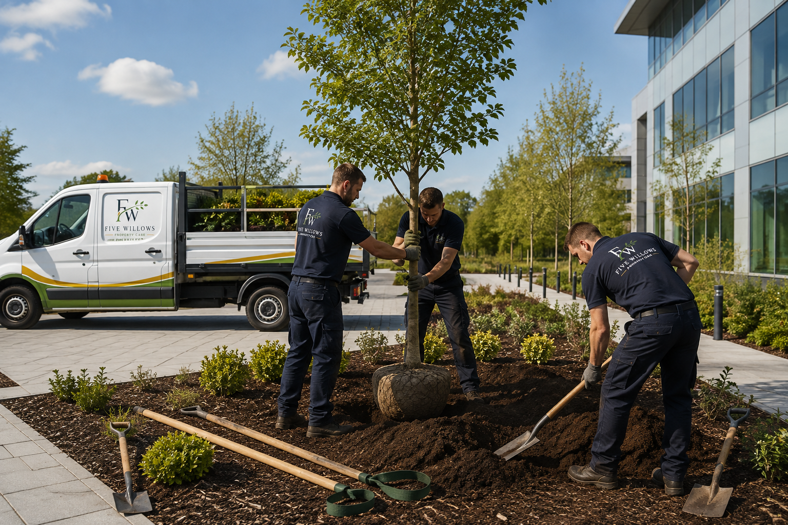 Three workers planting a tree in a landscaped urban area with a truck and modern building in the background.