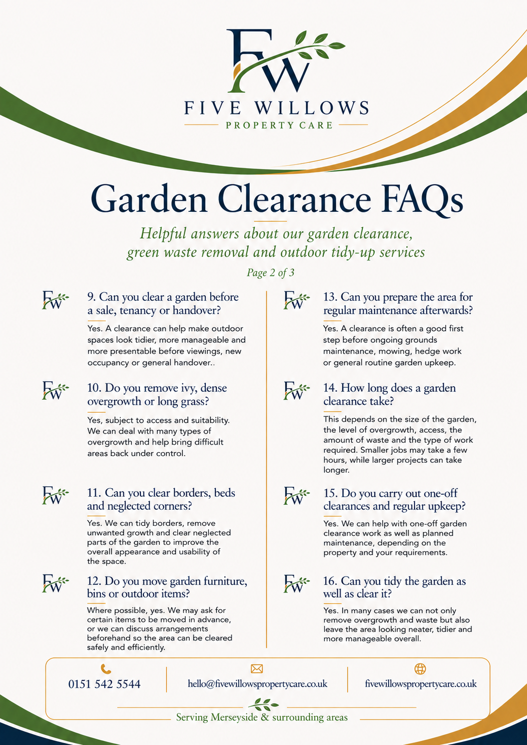 Garden Clearance FAQs flyer by Five Willows Property Care with questions about garden clearing, waste removal, and maintenance.