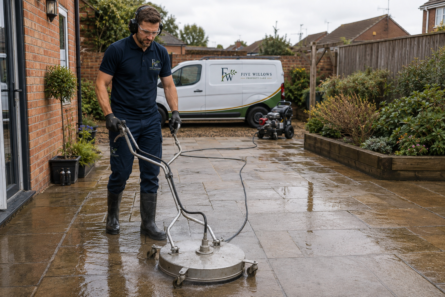 A man wearing safety glasses, headphones, gloves, and waterproof boots is cleaning a patio with a power washer. The patio appears wet and is made of large stone slabs. In the background, there's a white van with the logo "Five Willows Property Care" and a small pressure washer. The scene takes place in a backyard with a brick house, potted plants, a garden bed with shrubs, and a wooden fence.