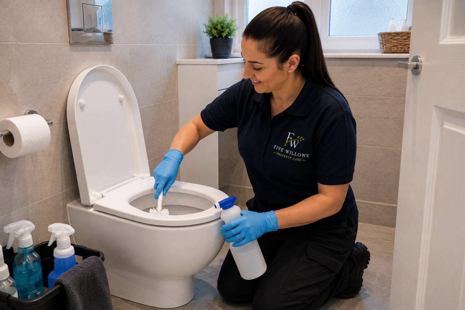A property care professional wearing blue gloves cleaning a toilet with a brush and spray bottle in a bathroom.