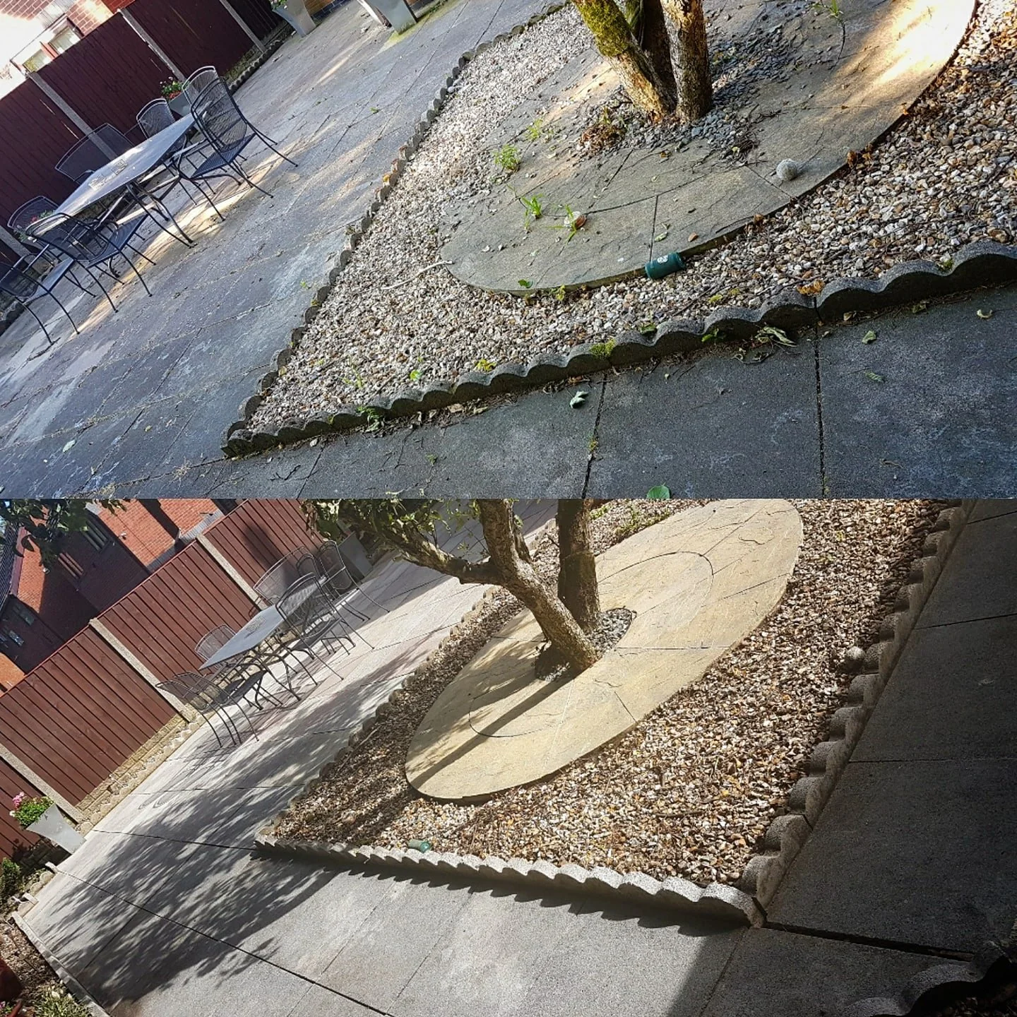 Sequence showing a tree being removed from a landscaped area. The top image shows the area before removal with a tree, bushes, and a gravel border. The bottom image shows the area after the tree has been removed, leaving an empty space with the tree trunk and roots still in place.