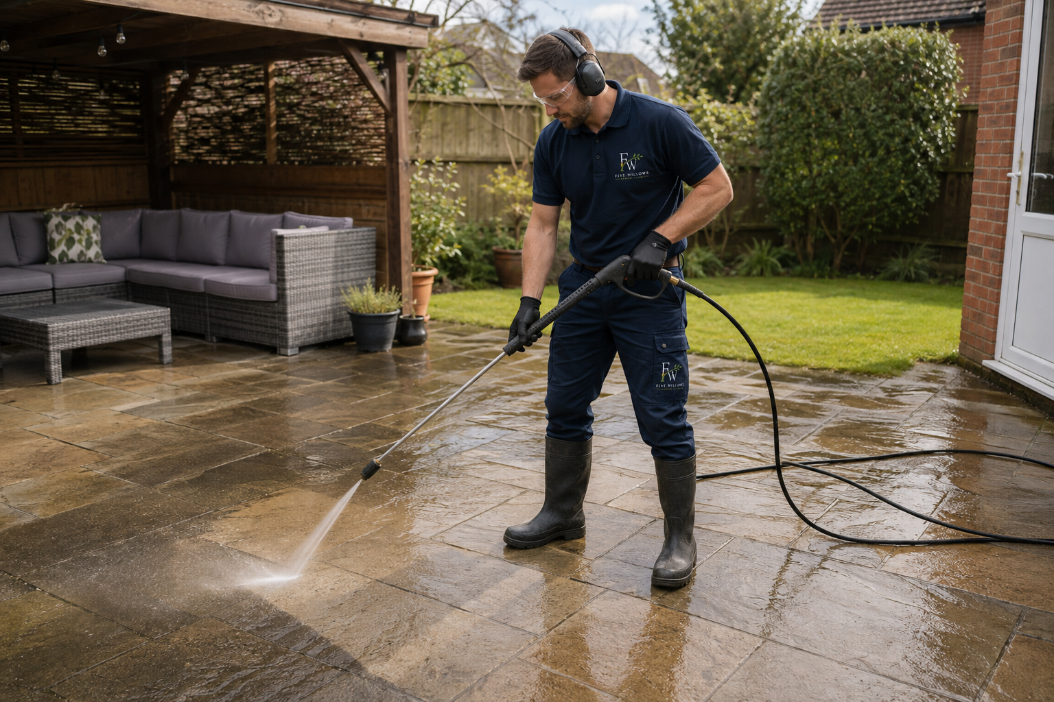 A man wearing safety goggles, ear protection, gloves, and rubber boots is pressure washing a stone patio in a backyard. The scene includes outdoor furniture, potted plants, a wooden pergola, and a grassy area with bushes and trees.
