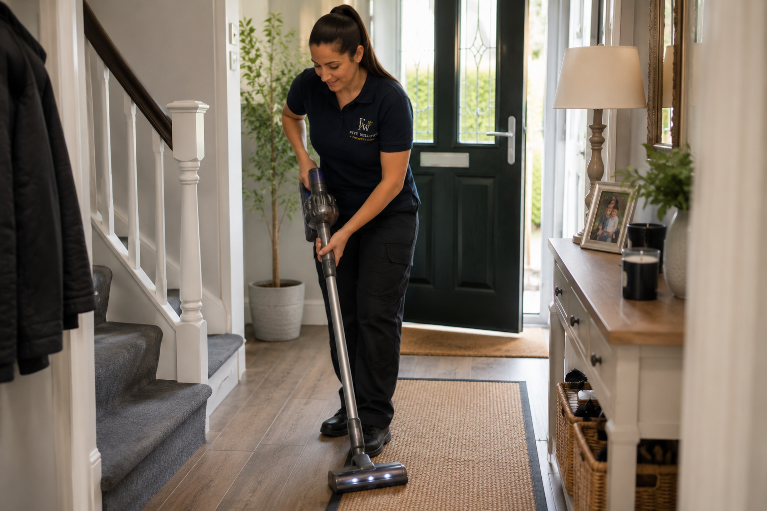 A woman happily vacuuming the hardwood floor of a home's entryway, wearing a dark blue uniform with the logo "Five Willow".