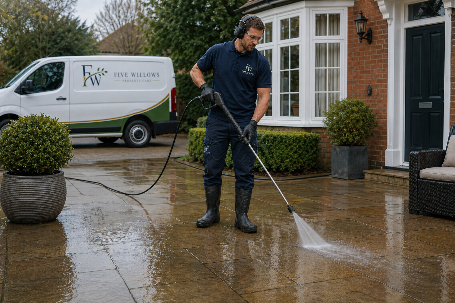 Man cleaning wet outdoor patio with pressure washer at house entrance, wearing gloves, protective glasses, and boots. White van with 'Five Willows Property Care' logo parked nearby.