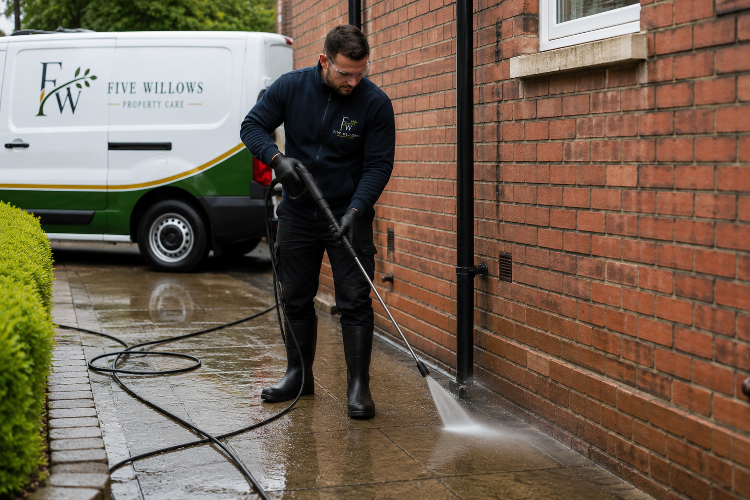 A man wearing black gloves, rubber boots, and a navy jacket with the Five Willows Property Care logo is pressure washing a brick sidewalk outside a building.