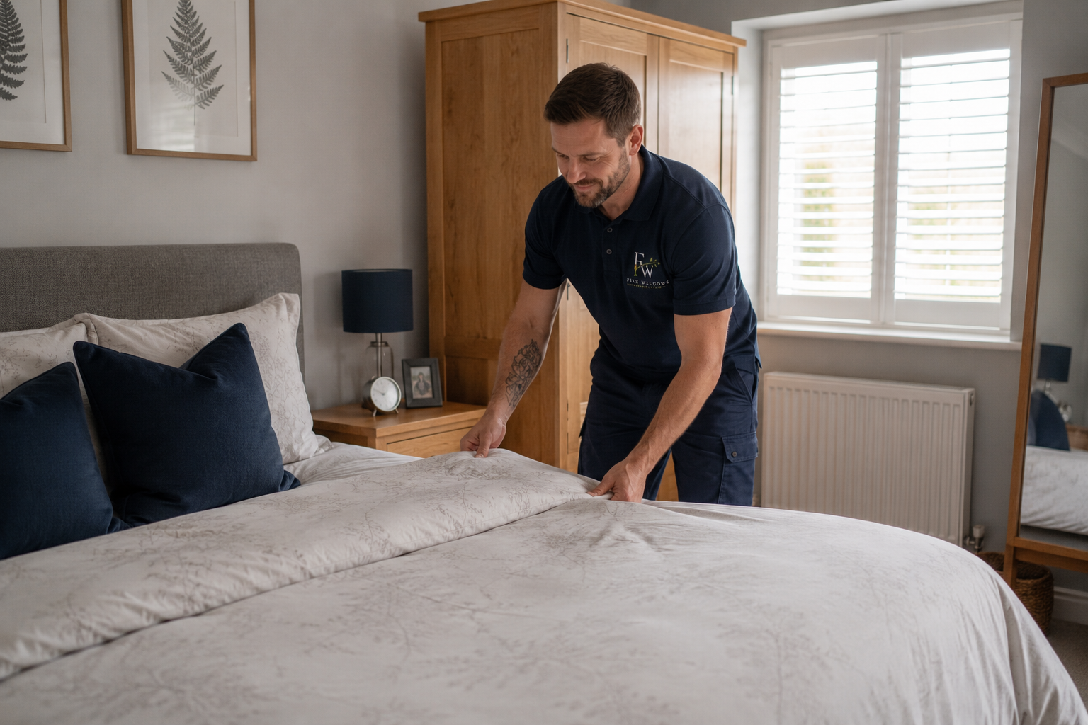 A man making a bed in a bedroom with a beige bedspread, navy blue pillows, a wooden wardrobe, and a window with white blinds.