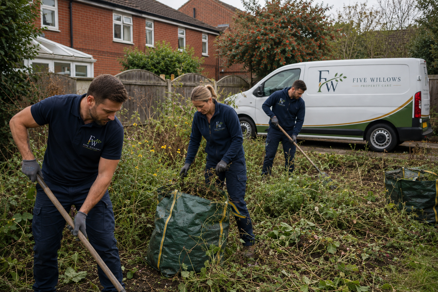 Three people working in a garden, removing weeds and debris, with a white van labeled 'Five Willows Property Care' parked behind them.