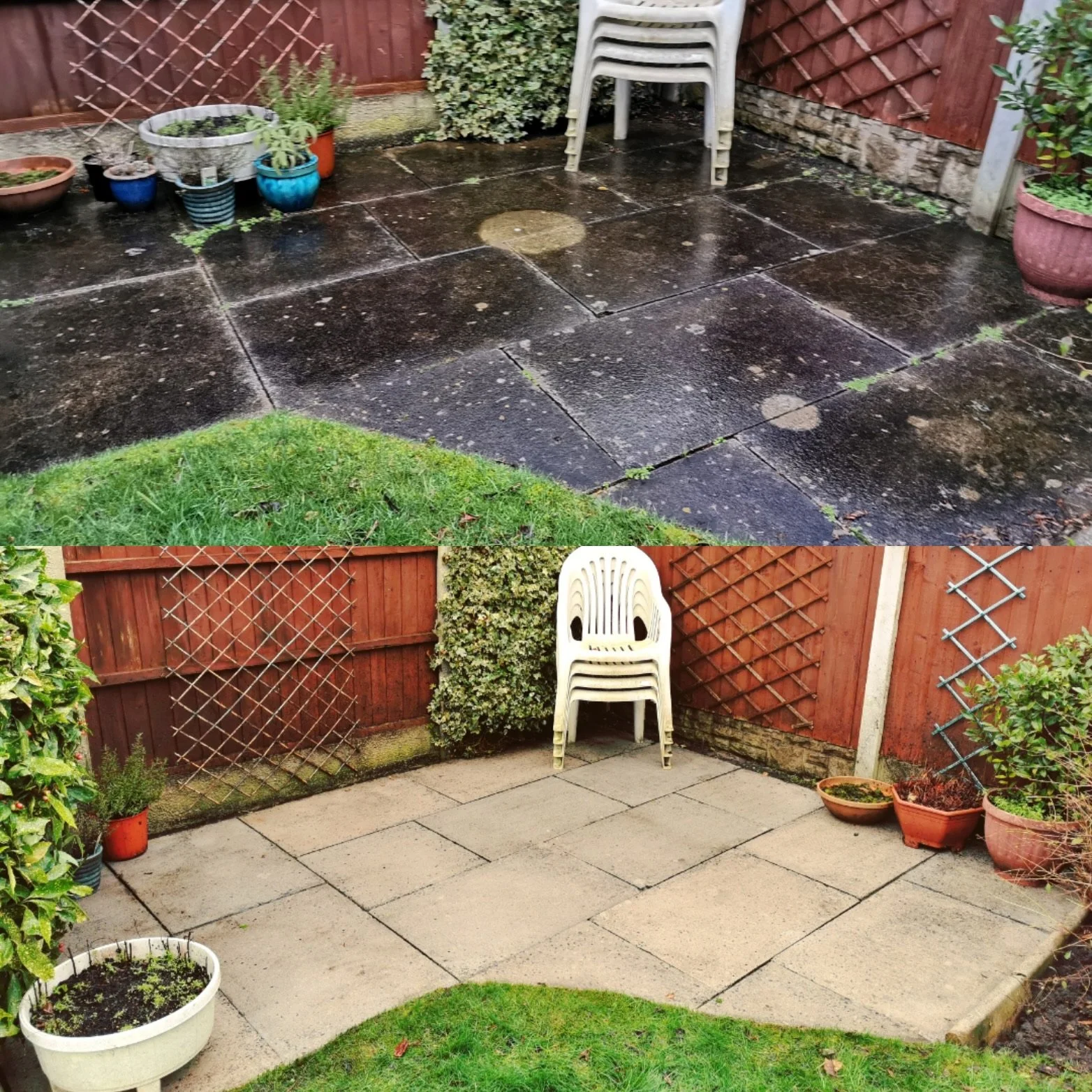 Comparison of a wet, dark stone patio before cleaning and a clean, dry stone patio after cleaning with a stack of white plastic chairs and various potted plants in a small backyard.