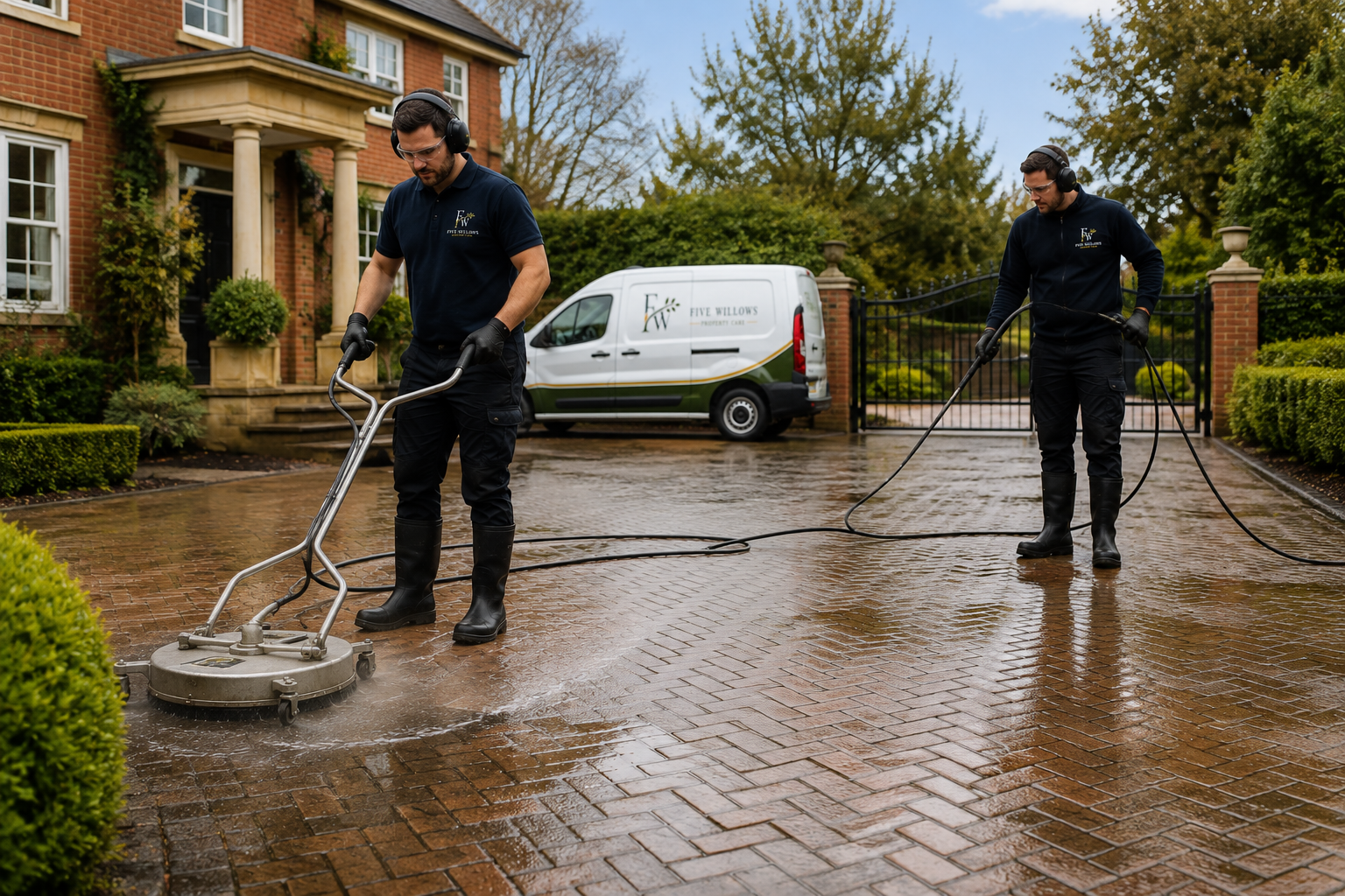 Two workers power washing a brick driveway in front of a large house, with a company van in the background.