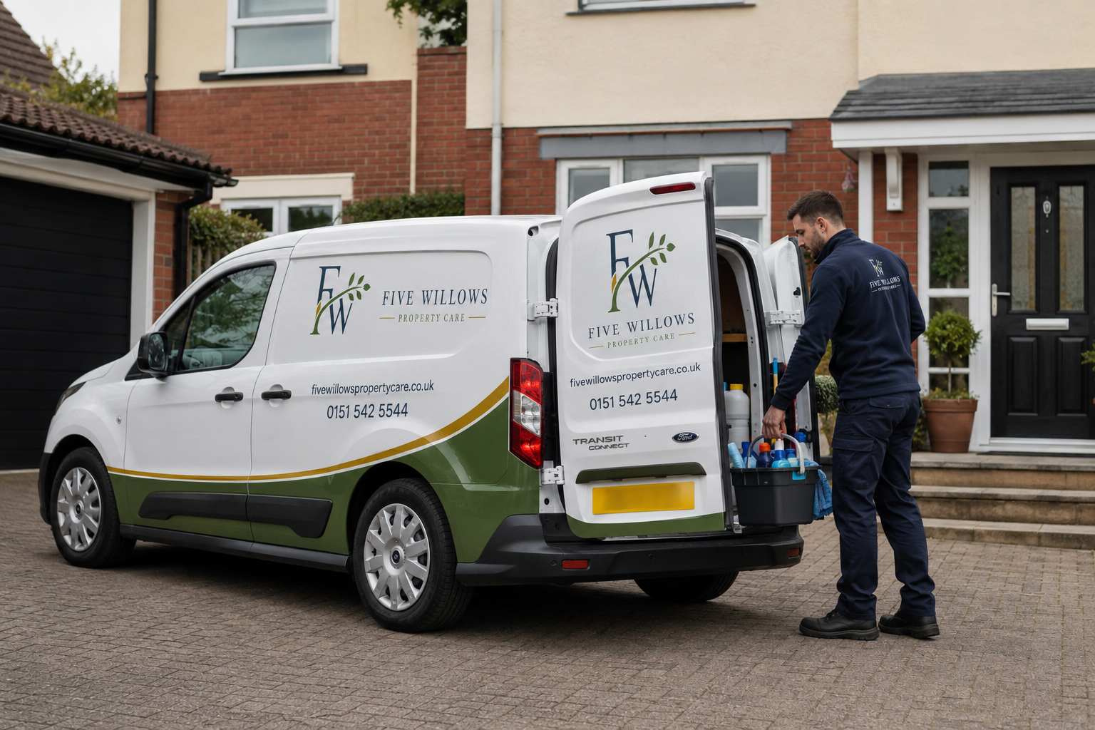 A man in a navy uniform with Five Willows Property Care logo on the back is taking cleaning supplies from the open back of a white and green service van parked outside a residential house with steps leading to a black door.