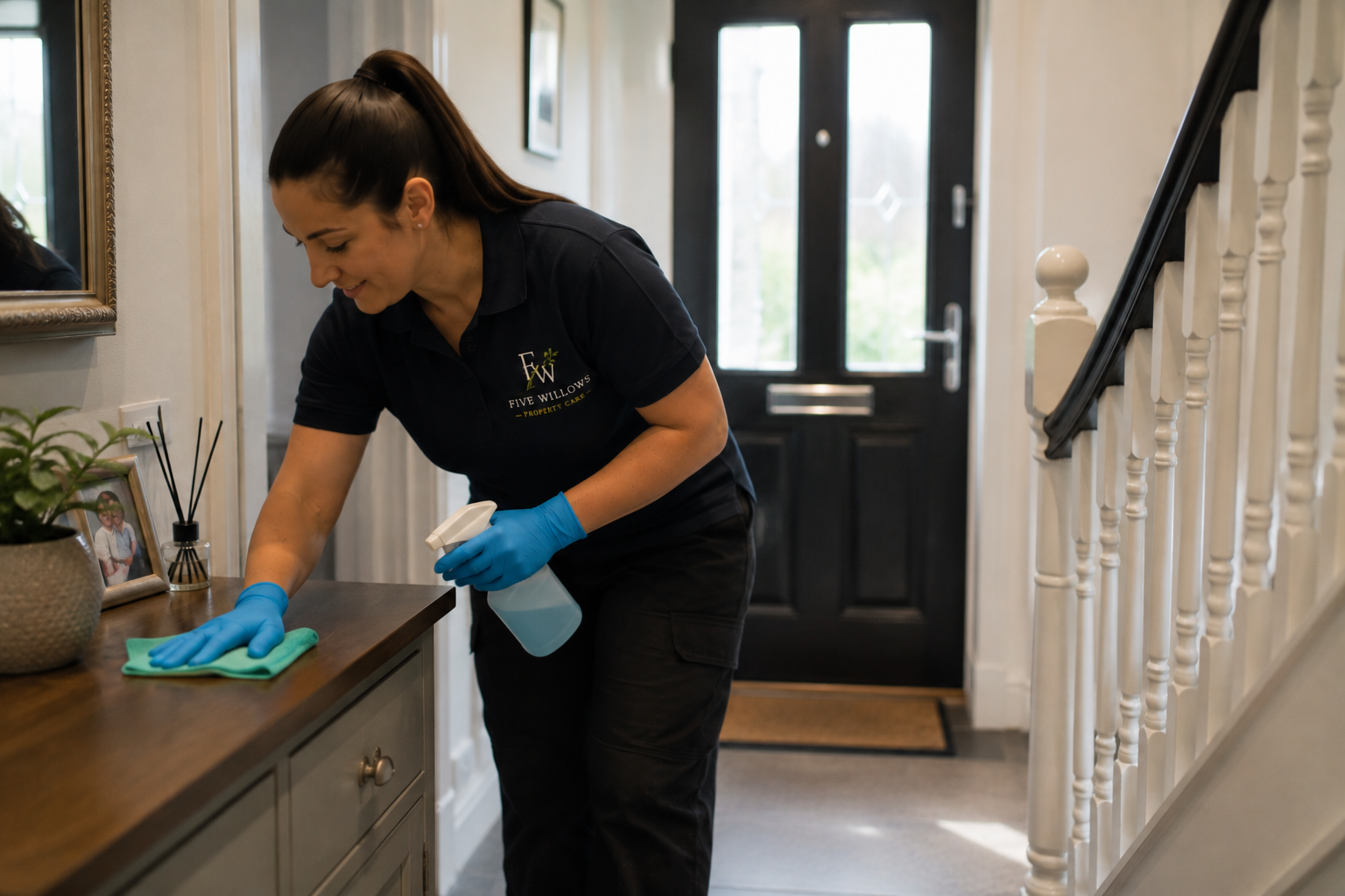 A woman wearing a black uniform with a 'Five Willows Property Care' logo, blue gloves, and using a spray bottle and cloth, cleaning a wooden cabinet in home's entryway.