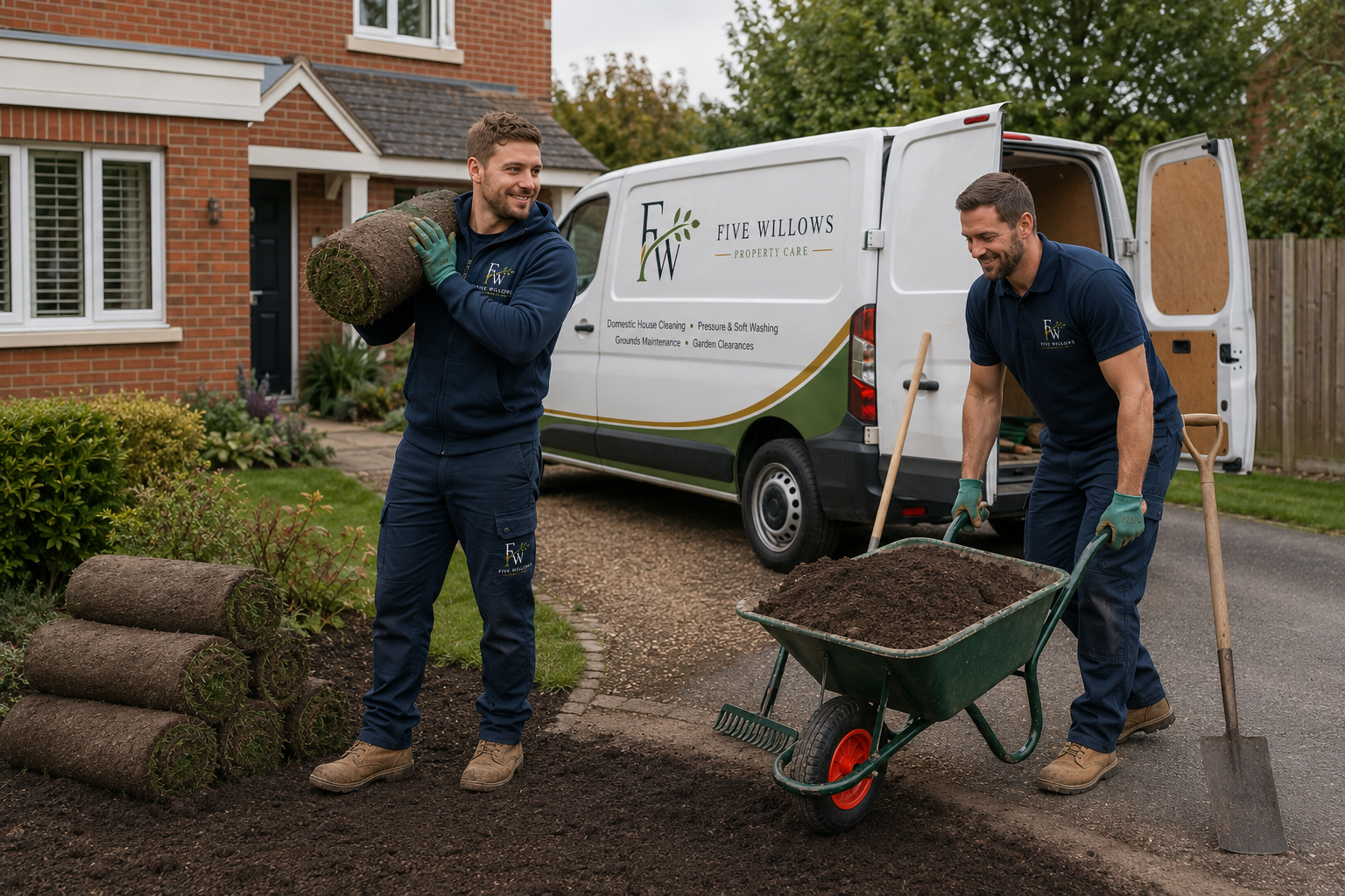 Two men in navy work uniforms working on a garden outside a house. One man is holding a rolled-up piece of sod, and the other is pushing a wheelbarrow filled with soil. They are smiling and appear to be having a friendly conversation. A white service van with the logo 'Five Willows Property Care' is parked in the background.