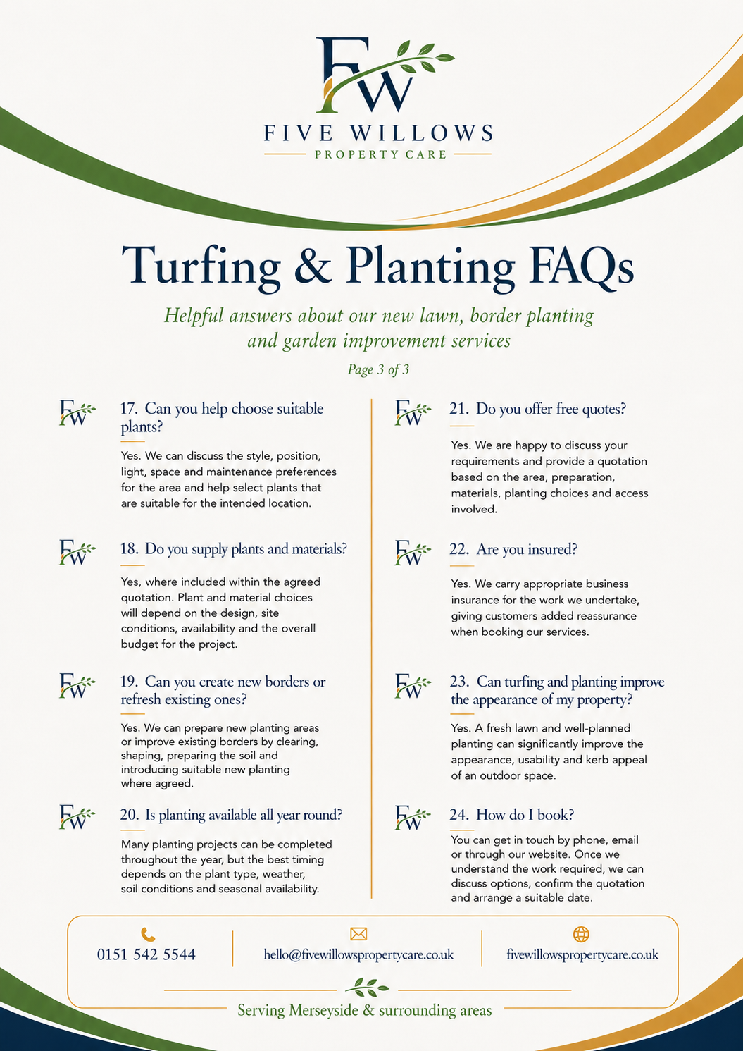 Flyer for Five Willows Property Care, titled 'Turfing & Planting FAQs,' with contact info and questions about lawn and garden services.