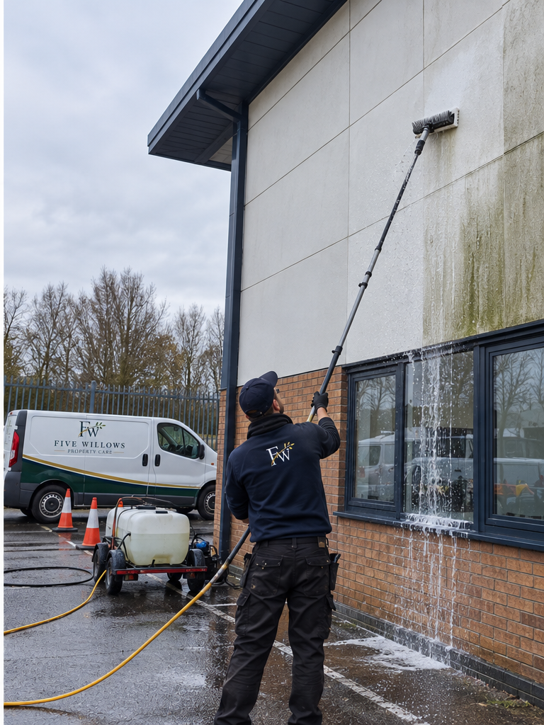 A person power washing the exterior of a building, focusing on a window, with a van and orange traffic cones visible in the background.