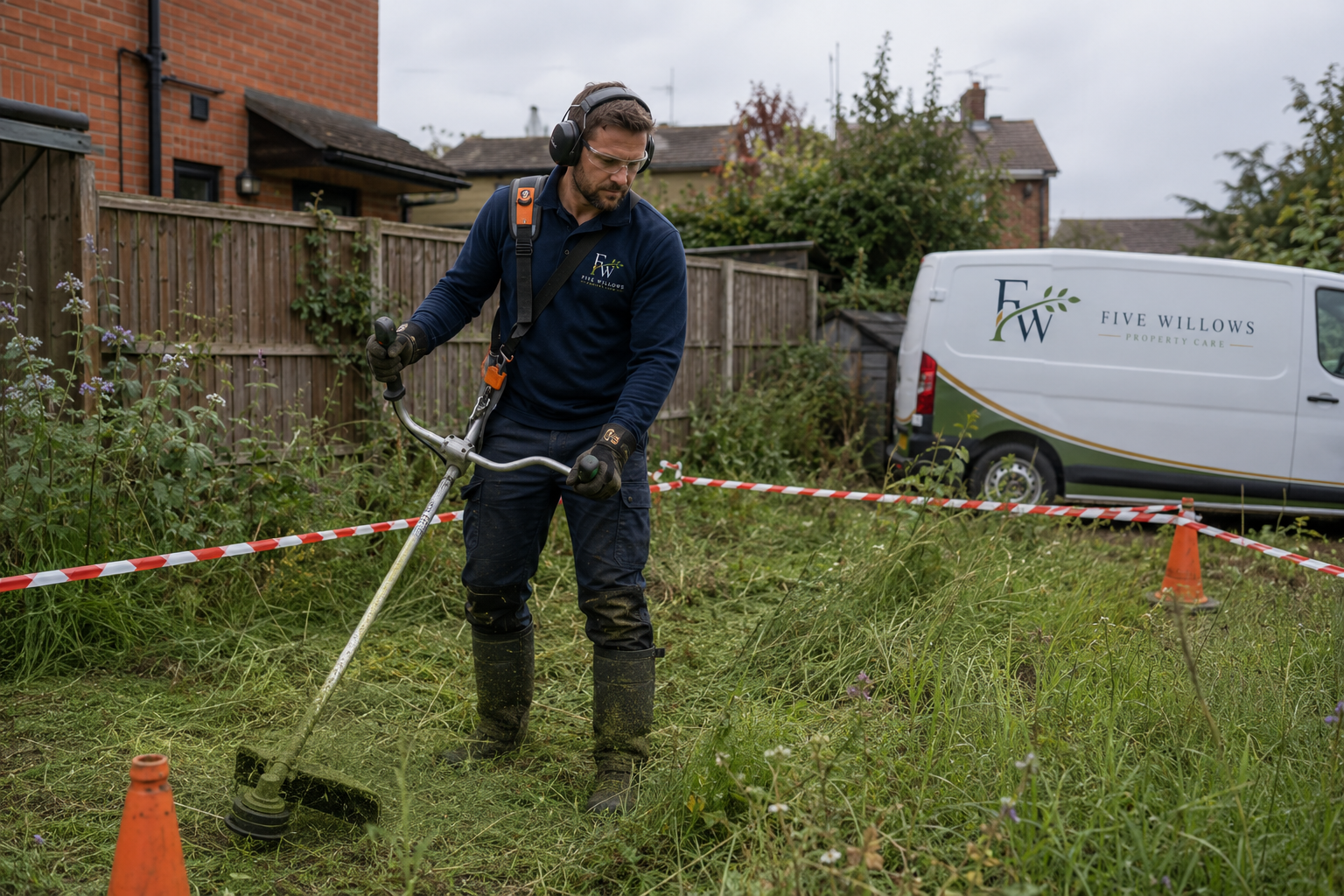 A man wearing protective headphones, glasses, and gloves, using a weed trimmer in an overgrown backyard with a wooden fence, plants, a white property care van, and an orange traffic cone.