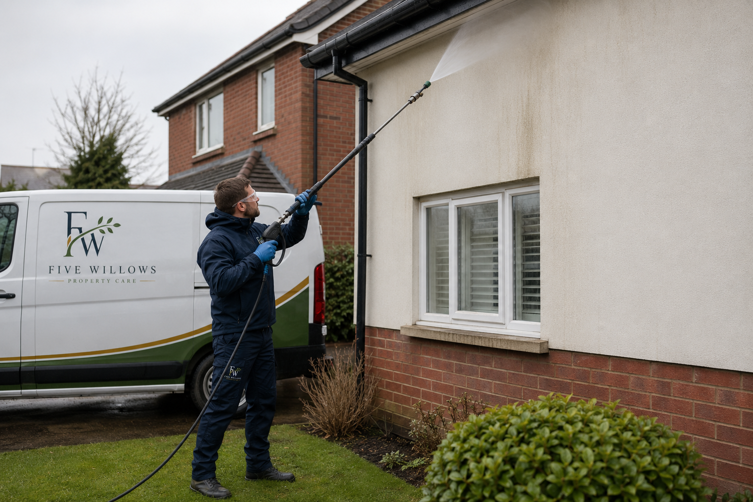 A person pressure washing the exterior wall of a house near a window, using a long nozzle attached to a pressure washer machine, with a white van parked nearby.