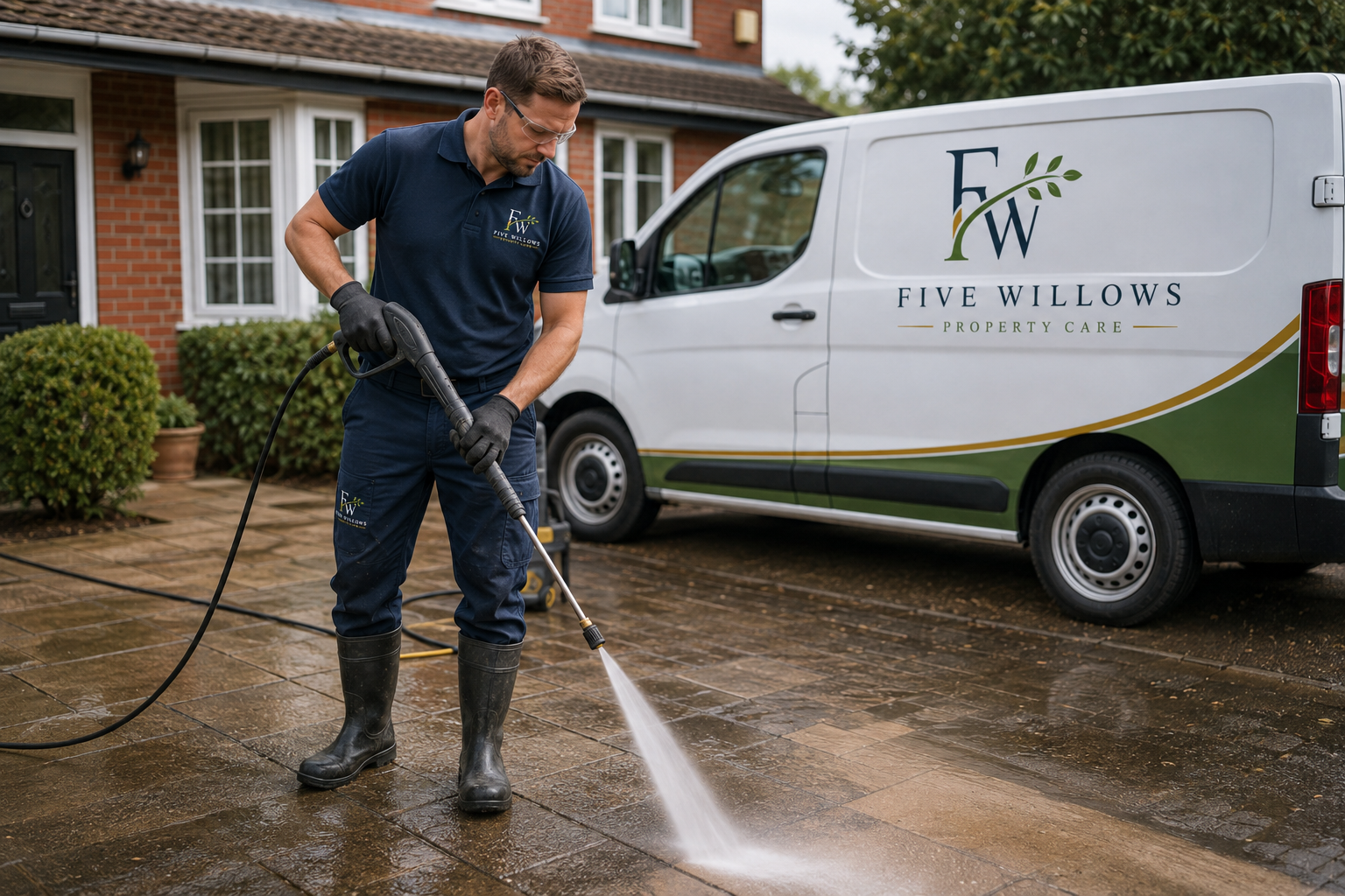 A man cleaning a paved driveway with a pressure washer, wearing black gloves, rubber boots, and navy blue uniform with Five Willows Property Care logo. A white van with the same logo is parked nearby.