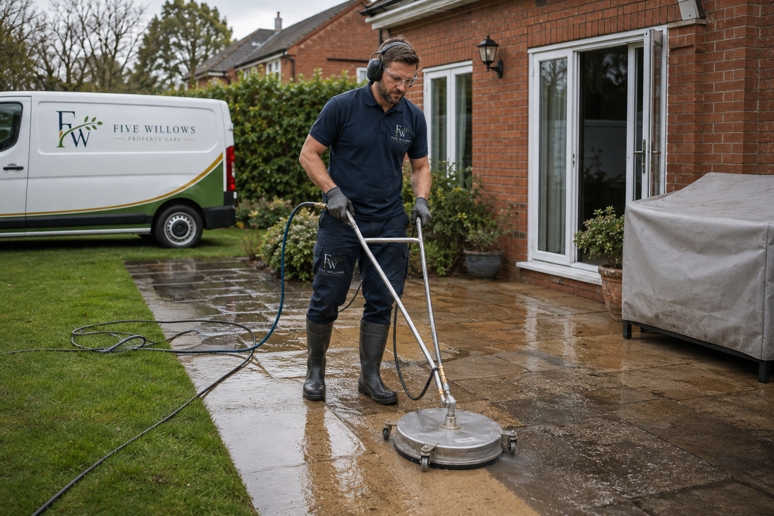 Man pressure washing a patio outside a brick house, wearing a navy polo, gloves, and rain boots, with a Five Willows Property Care van parked nearby.