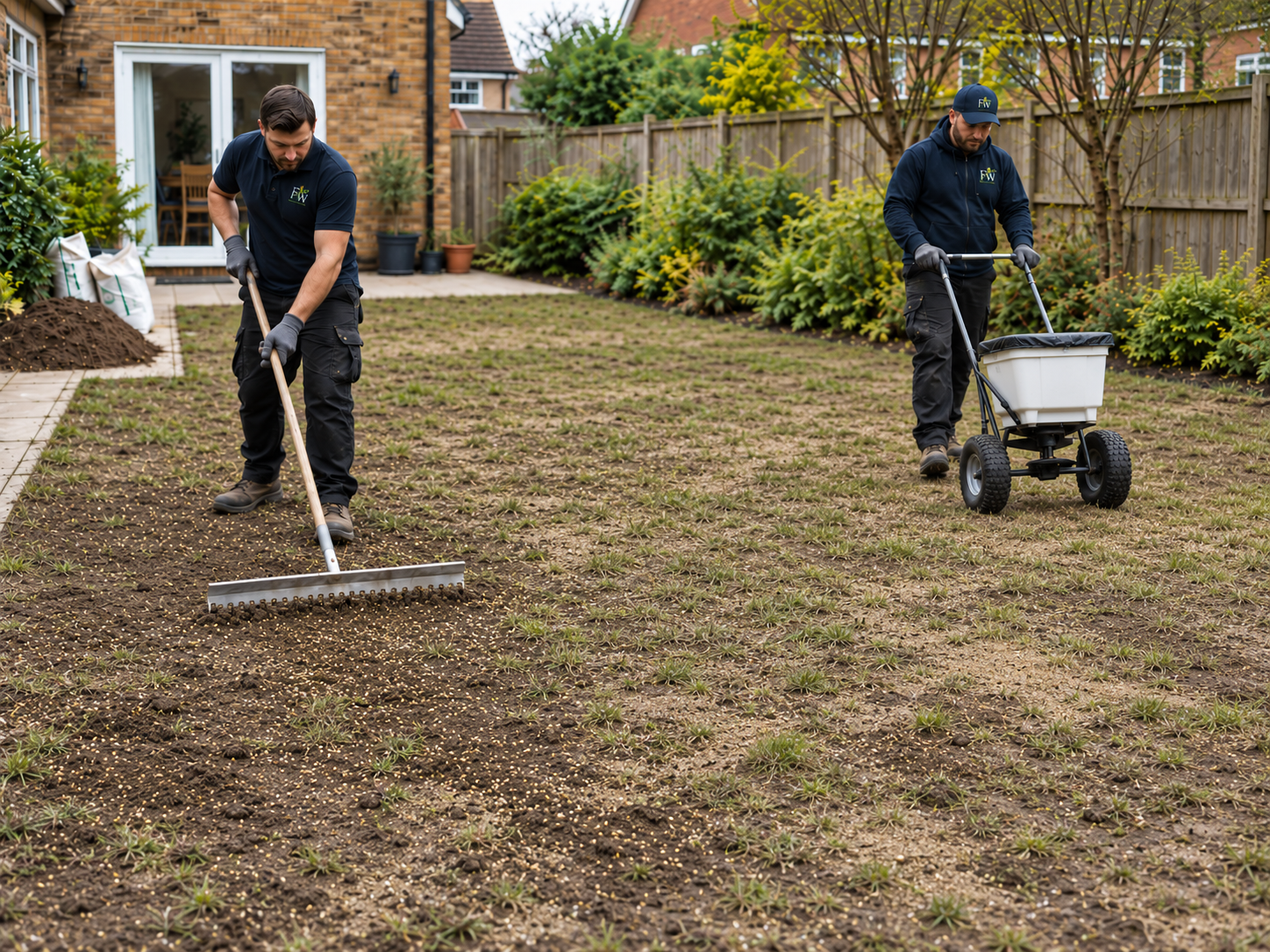 Five Willows team carrying out lawn renovation with raking and spreading treatment