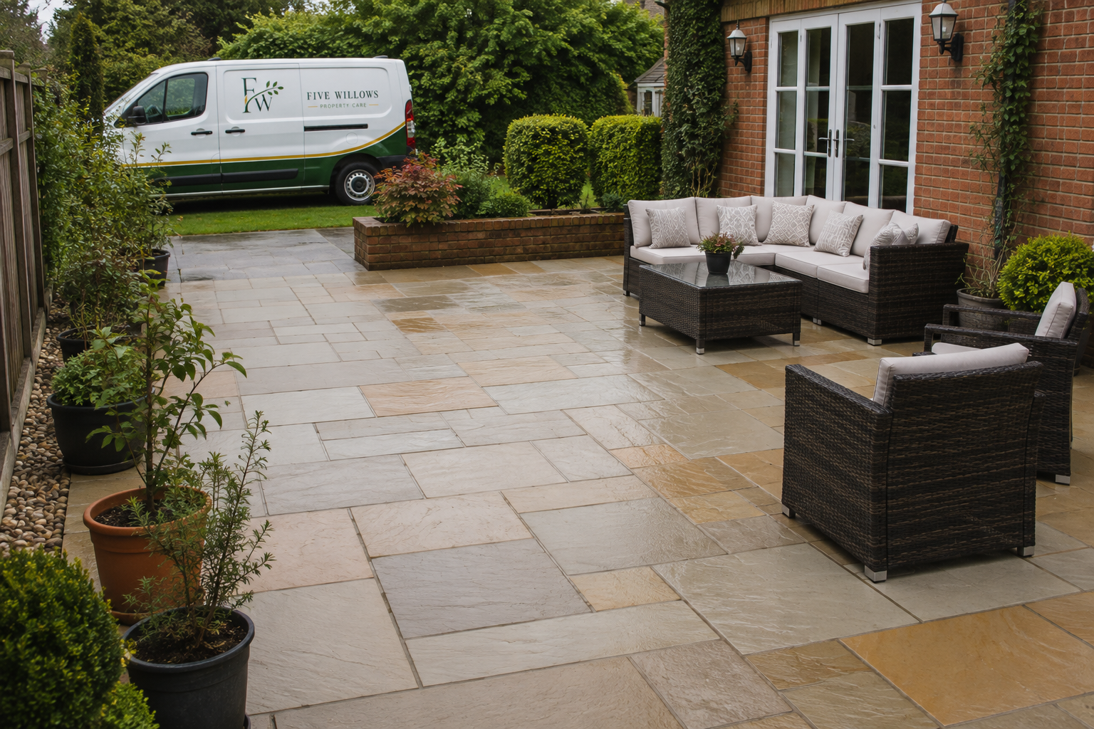 A rainy outdoor patio with beige stone tiles, black wicker furniture with white cushions, potted plants along the left, a brick house wall with open glass doors, and a white commercial van parked on the grass in the background.