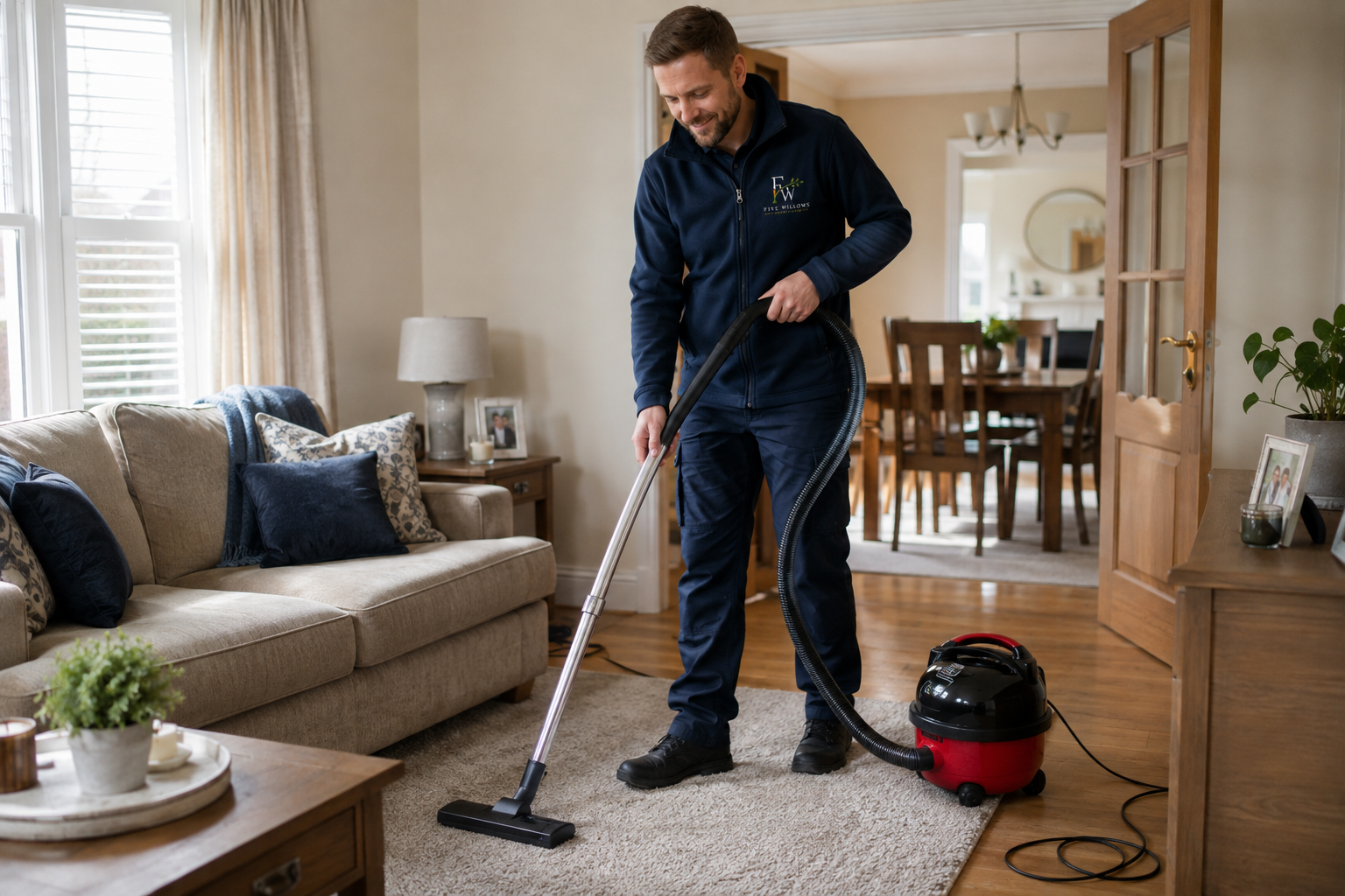 A man vacuuming a living room near a beige couch with blue and patterned pillows.