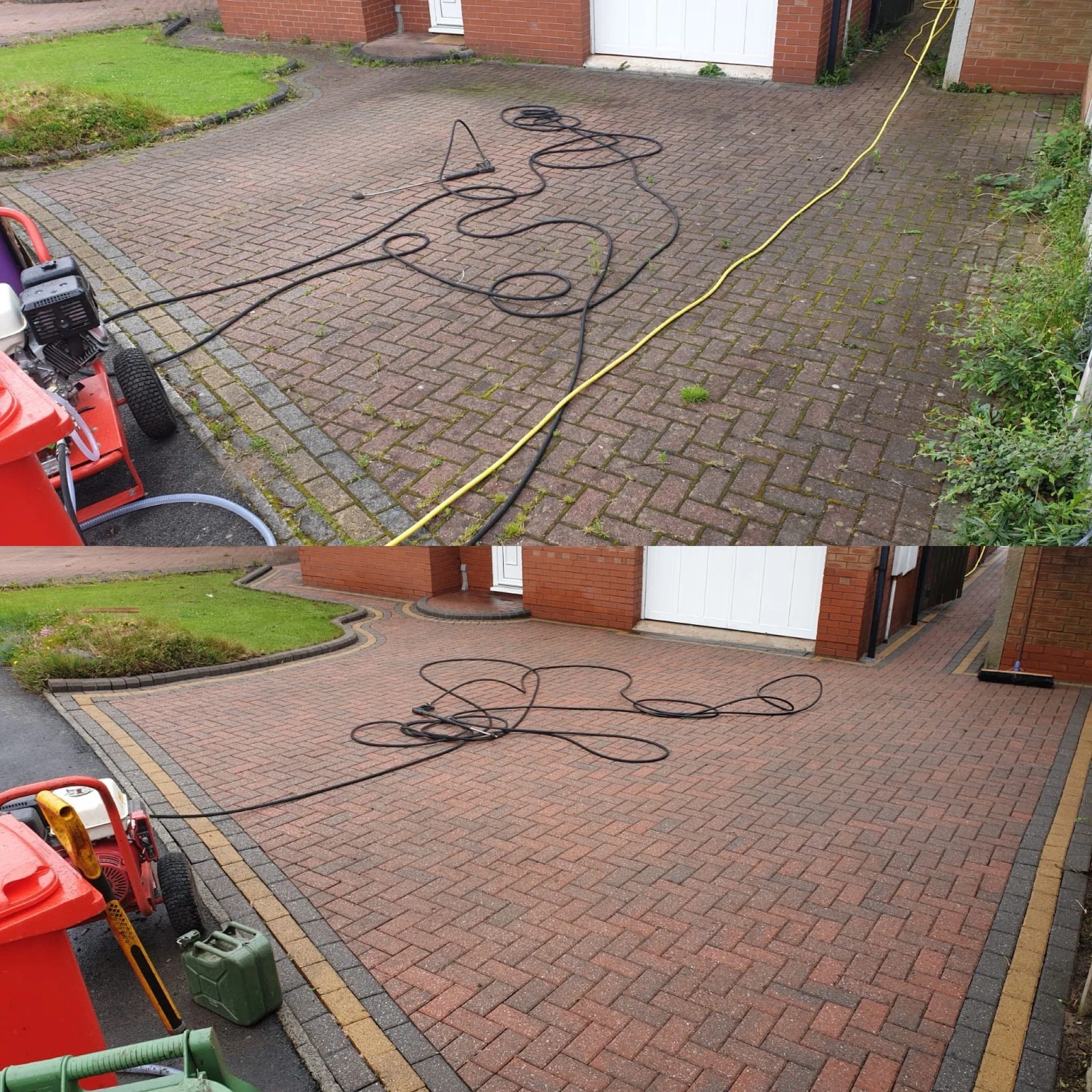 A brick driveway with plant growth in between the bricks, several black and yellow extension cords and power tools scattered around, and parts of a lawn with greenery and bushes.