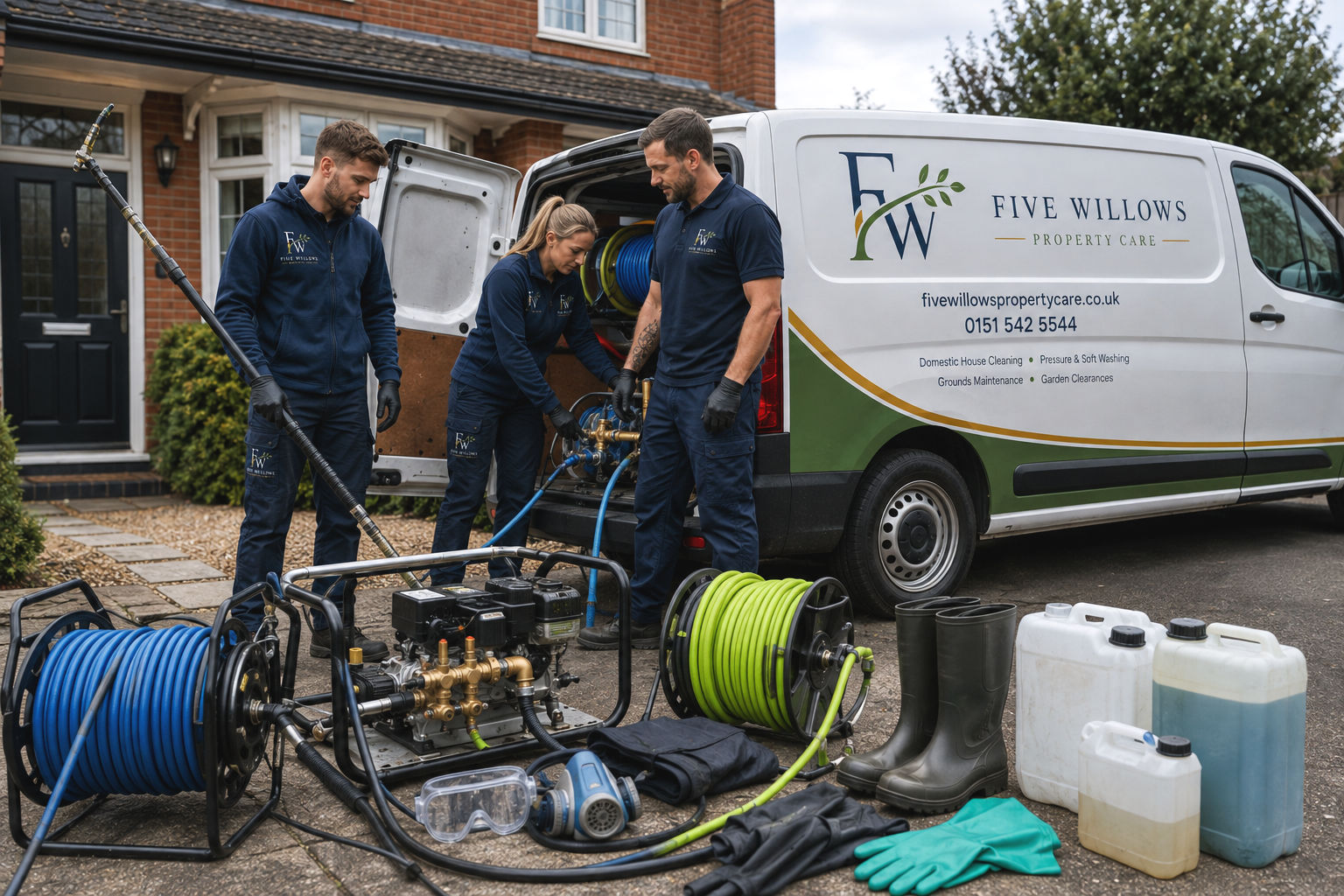 Three workers preparing cleaning equipment near a white van labeled Five Willows Property Care, parked in front of a brick house.