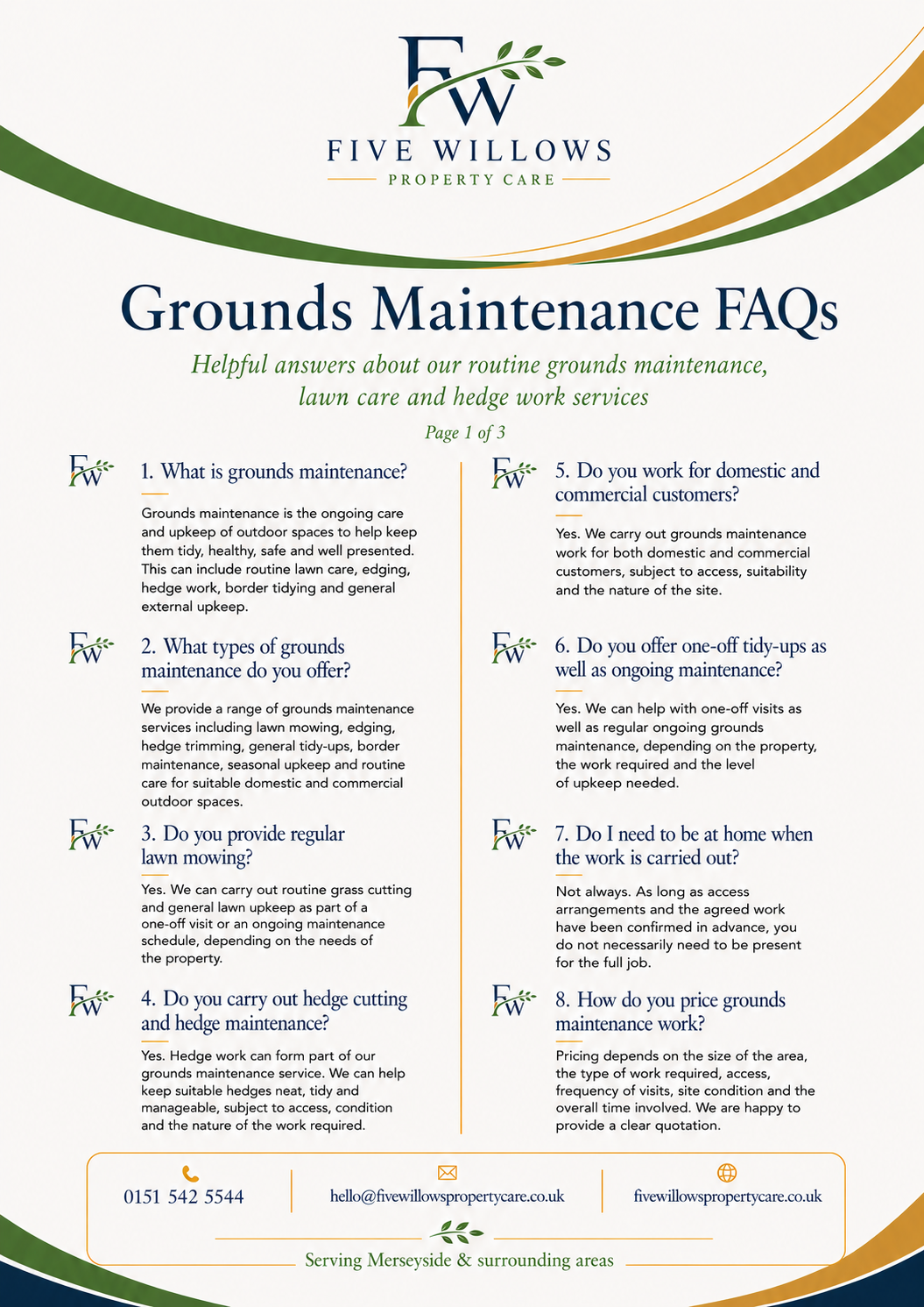 Flyer from Five Willows Property Care describing FAQs about grounds maintenance, lawn care, hedge work, and services for domestic and commercial customers, including pricing and contact information.