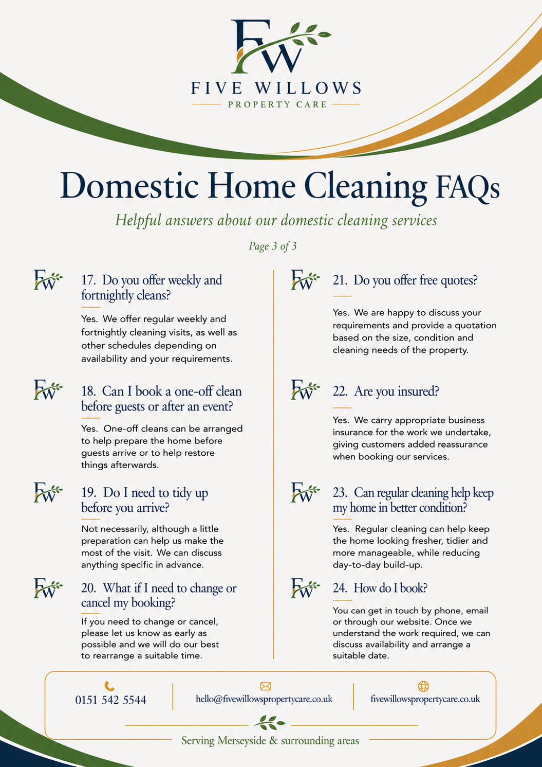 A FAQ sheet for Five Willows Property Care, offering information on domestic home cleaning services, including scheduling, insurance, booking, and consultation options.