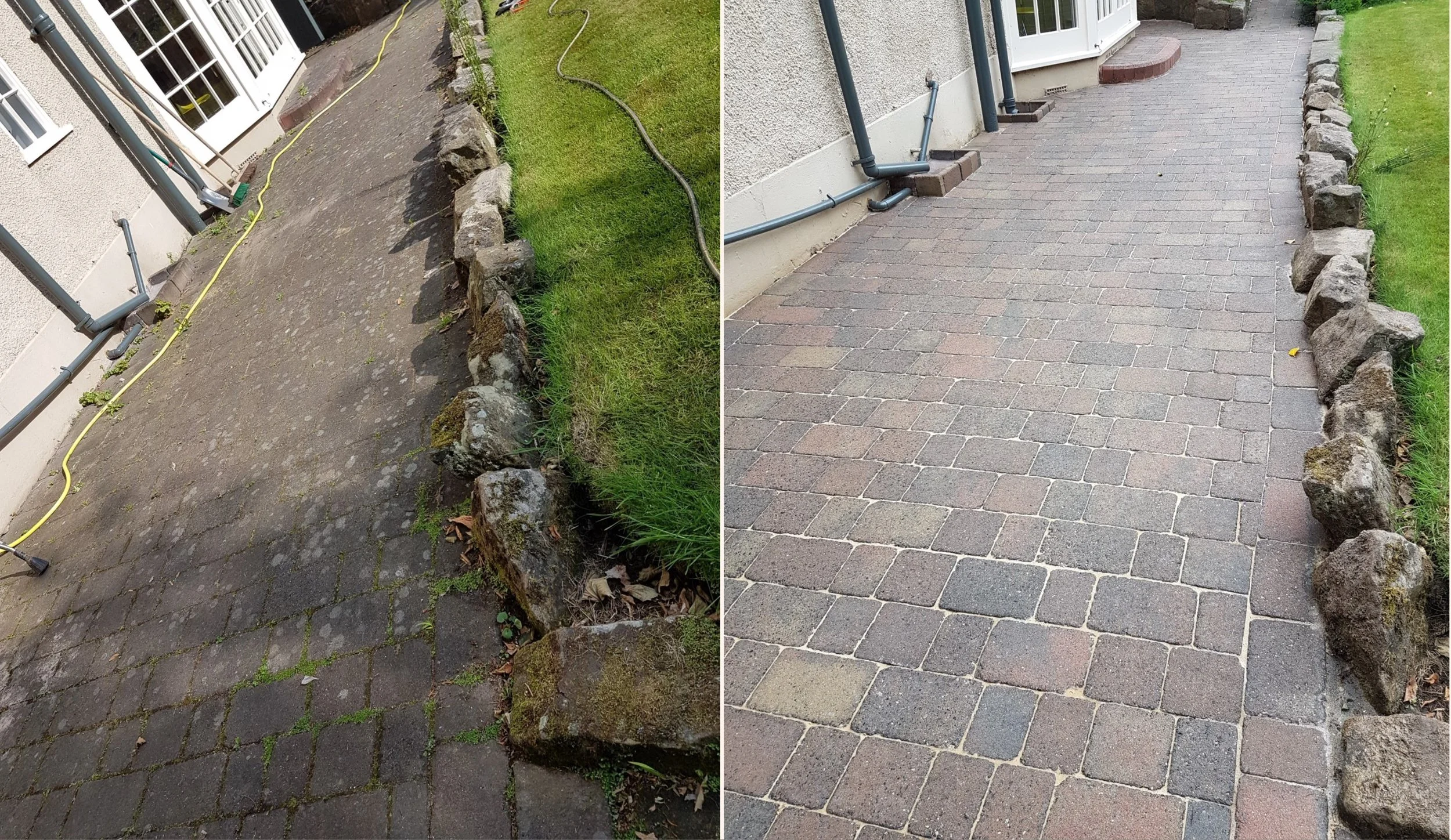 Comparison of a driveway before and after being paved with bricks, bordered by rocks, showing a cleaning process and new brick paving.