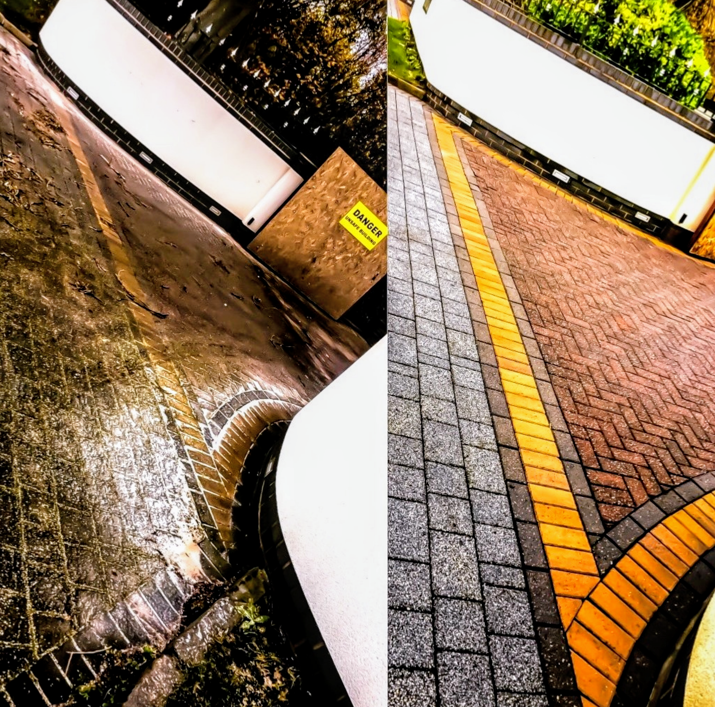 Comparison photo of a sidewalk and fence before and after renovation, with a warning sign in the faded version.